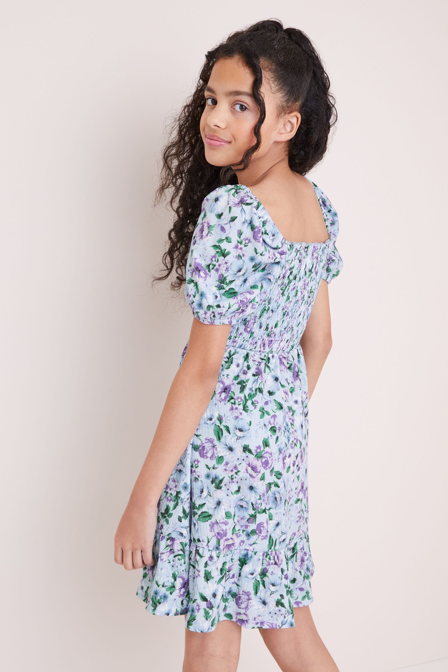 Blue Floral Square Neck Jersey Crinkle Dress