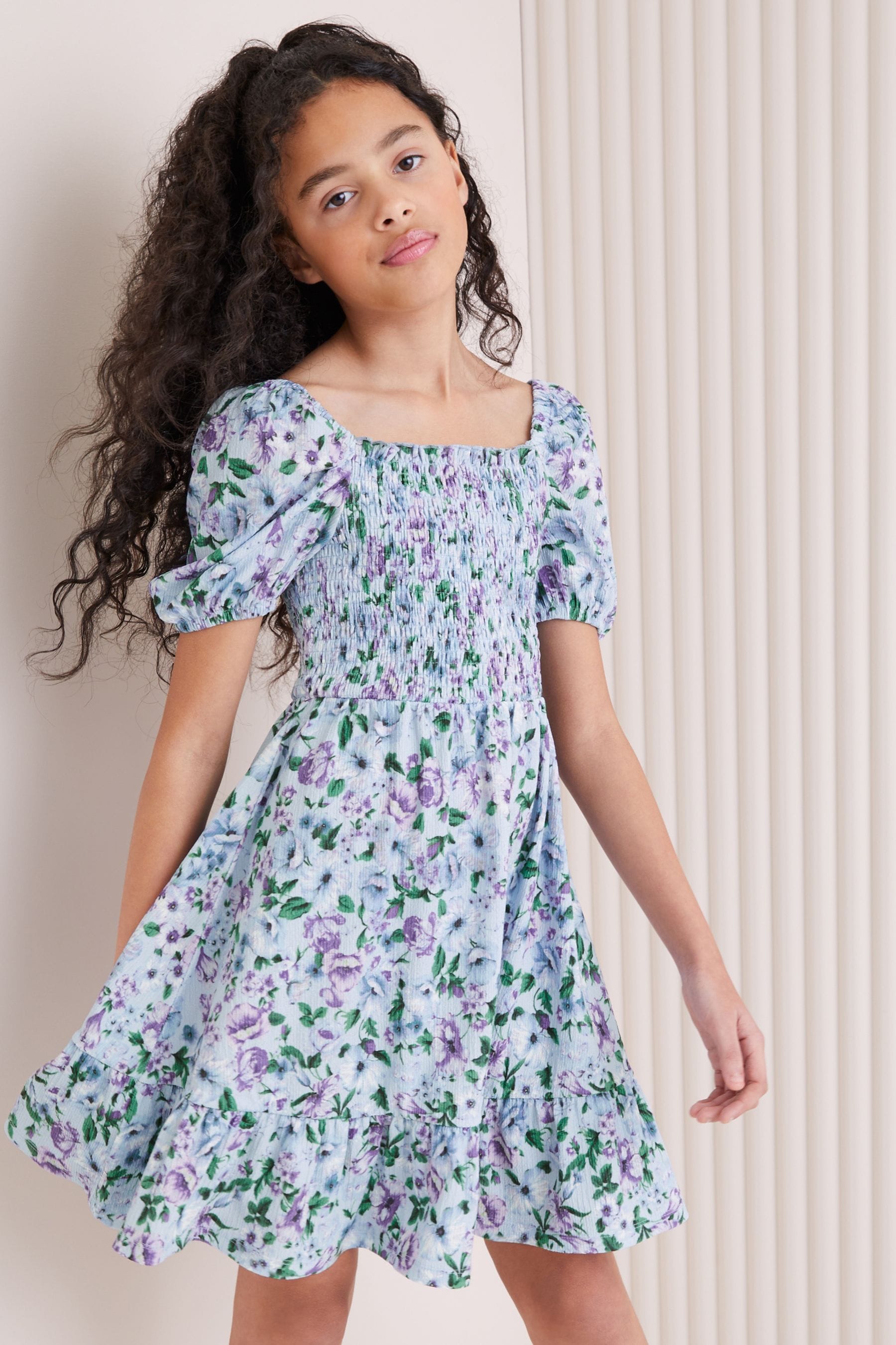 Blue Floral Square Neck Jersey Crinkle Dress