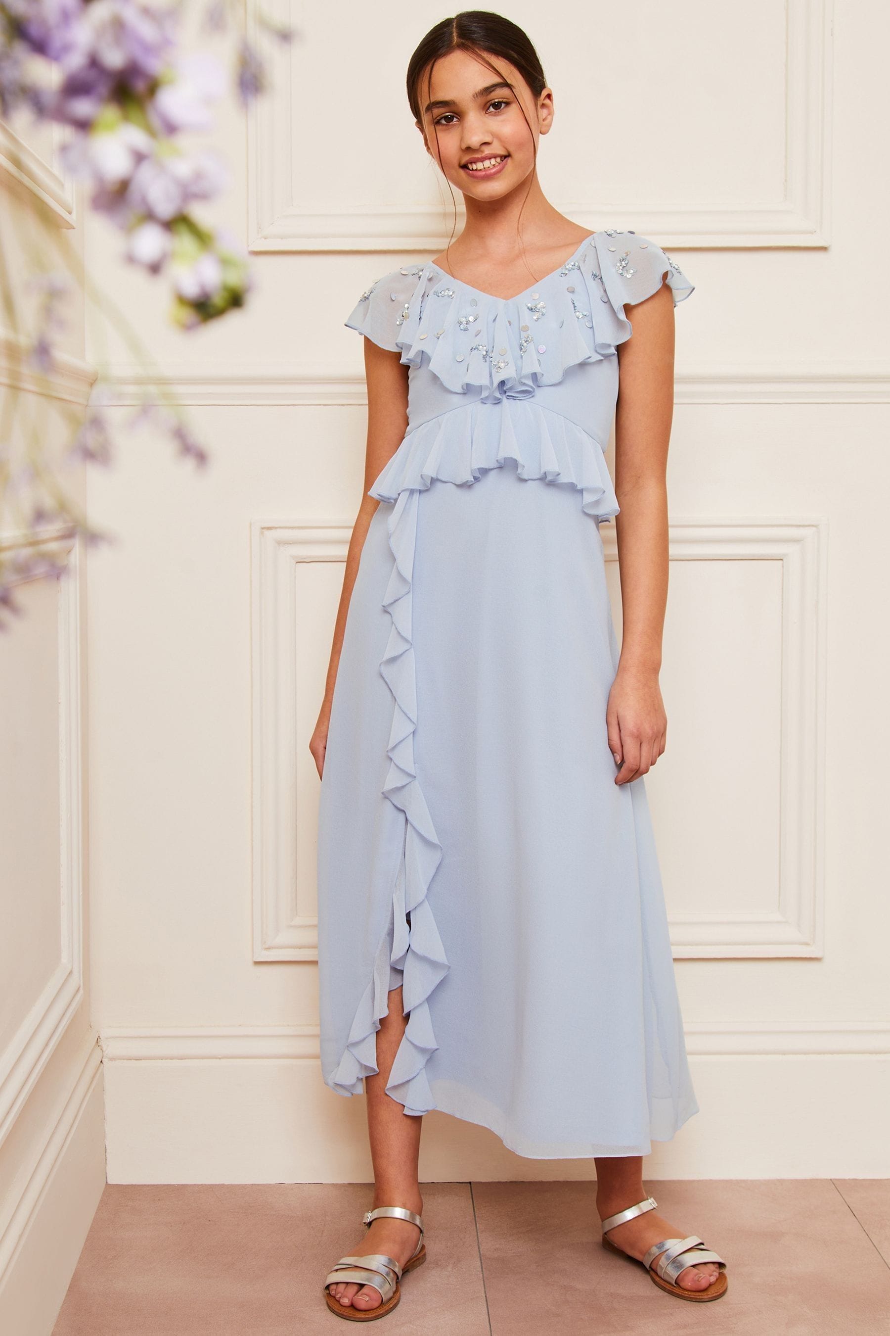 Blue Lipsy Ruffle Embellished Maxi Occasion Dress (7-16yrs)