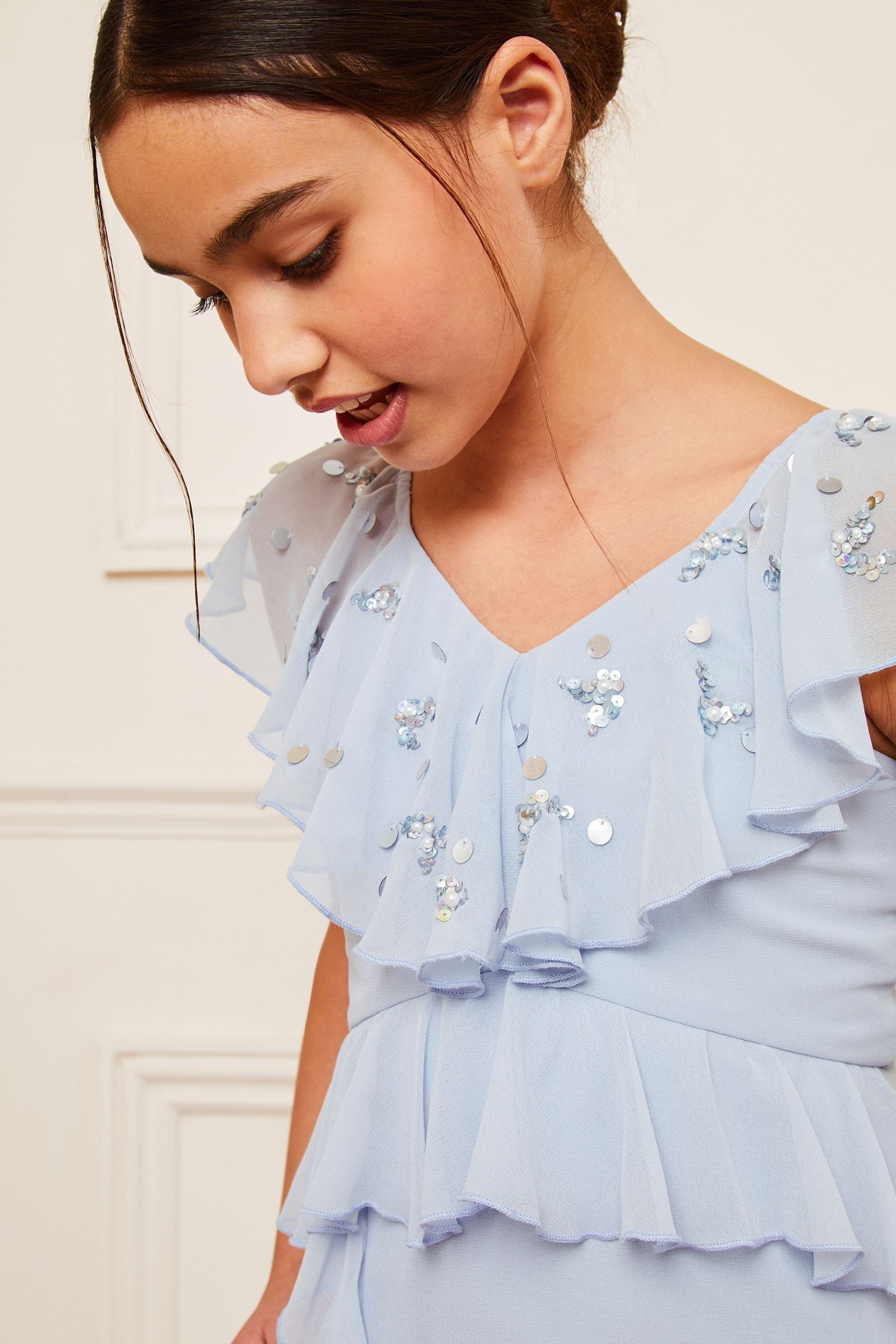 Blue Lipsy Ruffle Embellished Maxi Occasion Dress (7-16yrs)