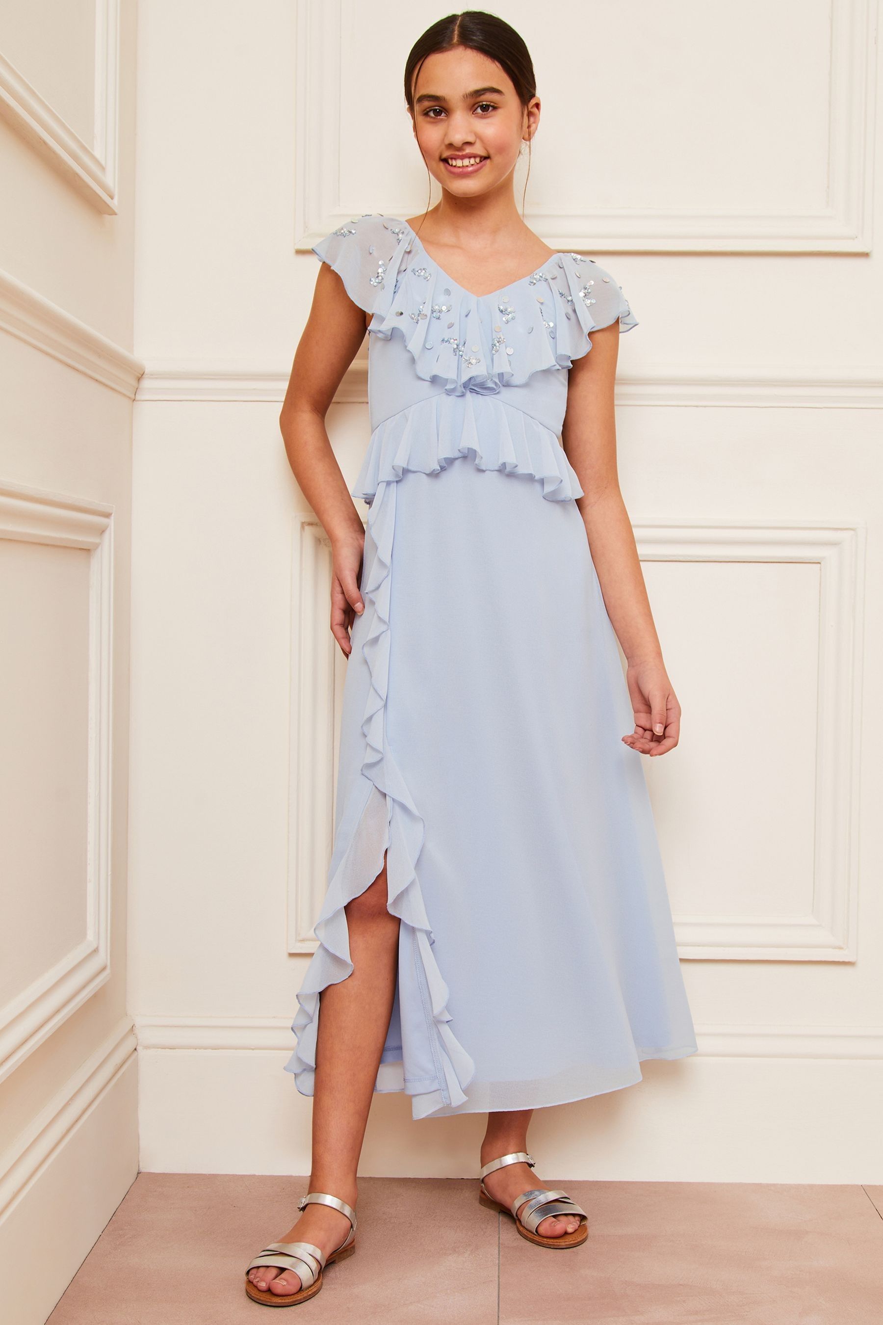 Blue Lipsy Ruffle Embellished Maxi Occasion Dress (7-16yrs)