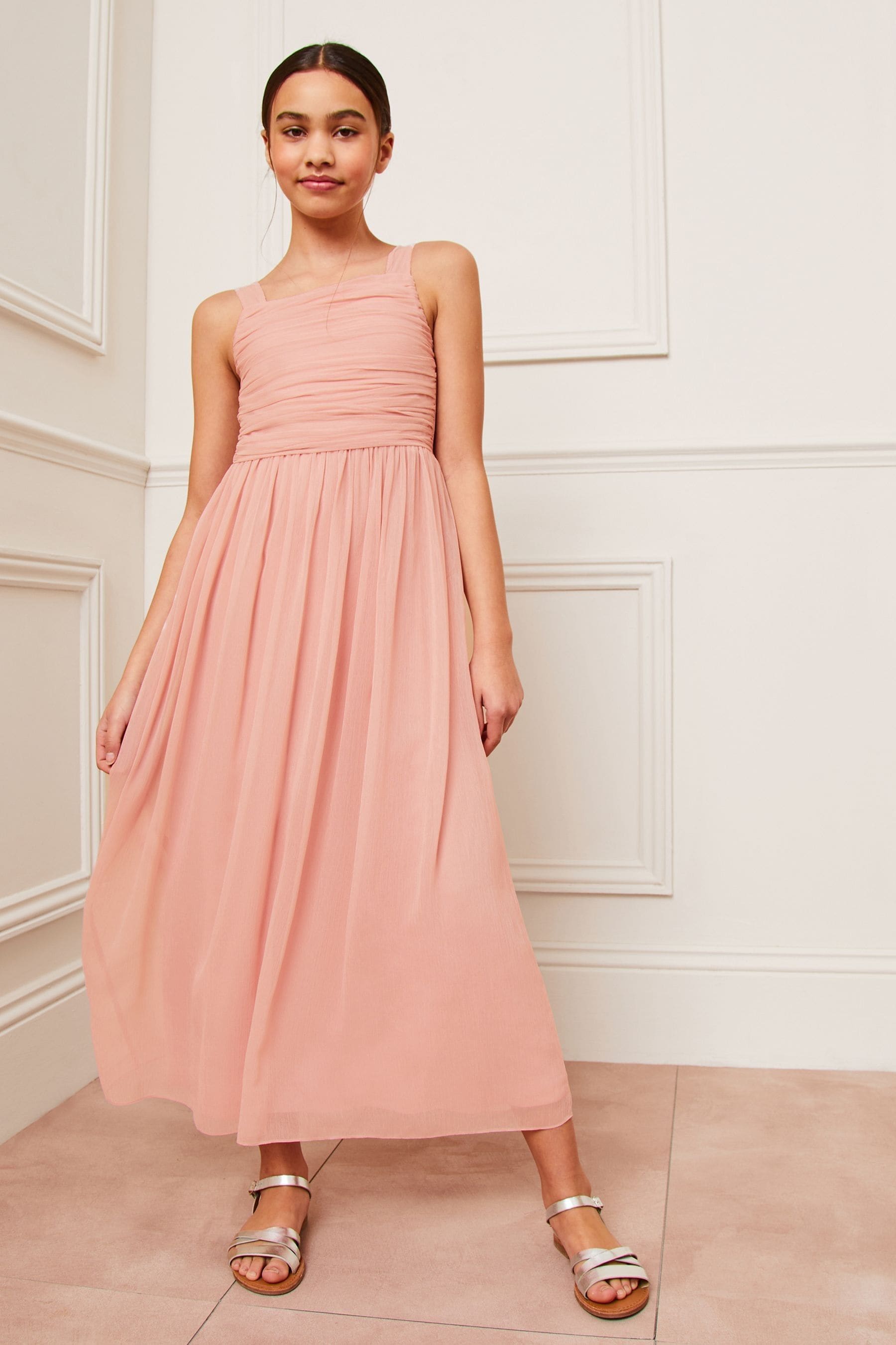 Pink Ruched Square Neck Maxi Occasion Dress (7-16yrs)