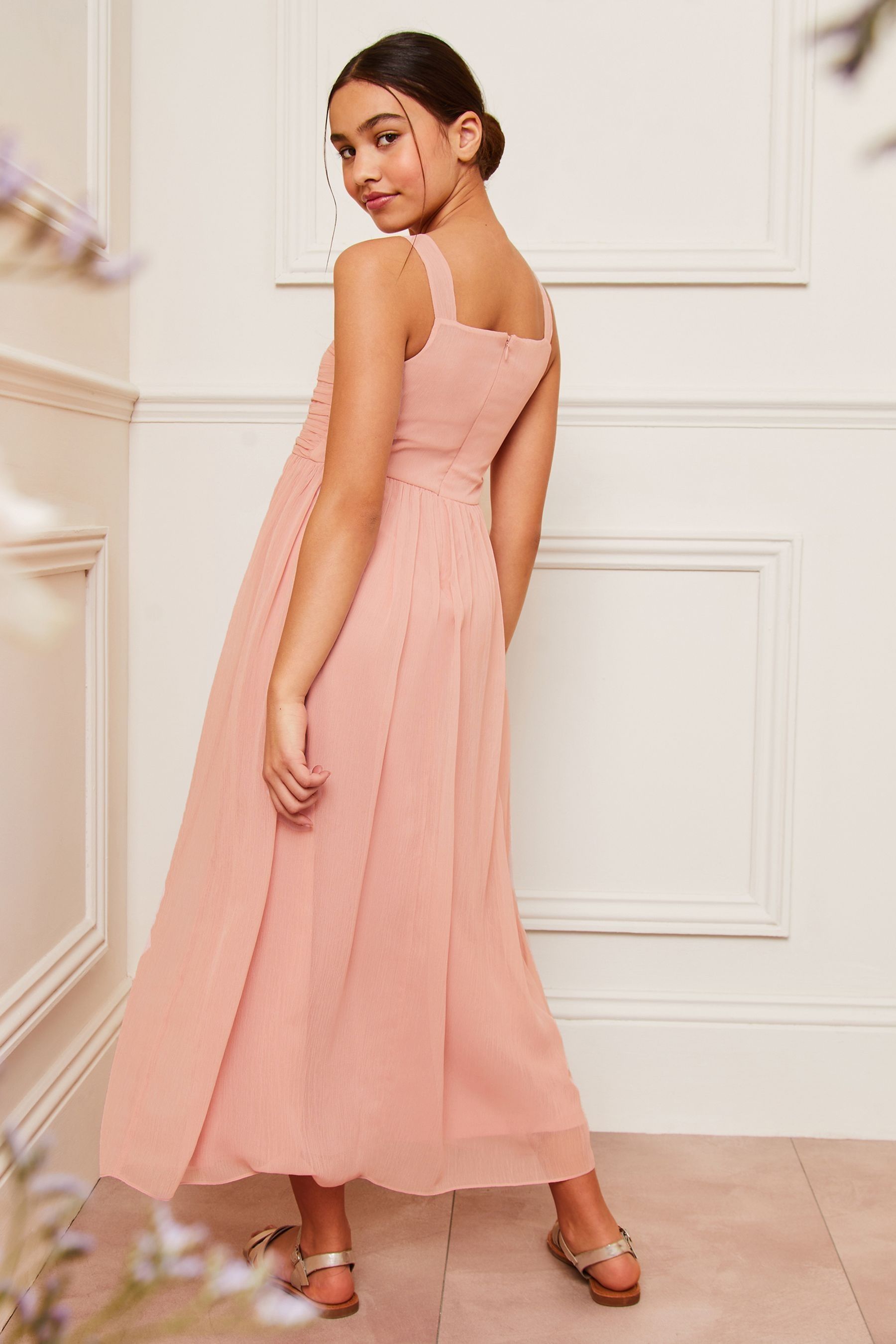 Pink Ruched Square Neck Maxi Occasion Dress (7-16yrs)