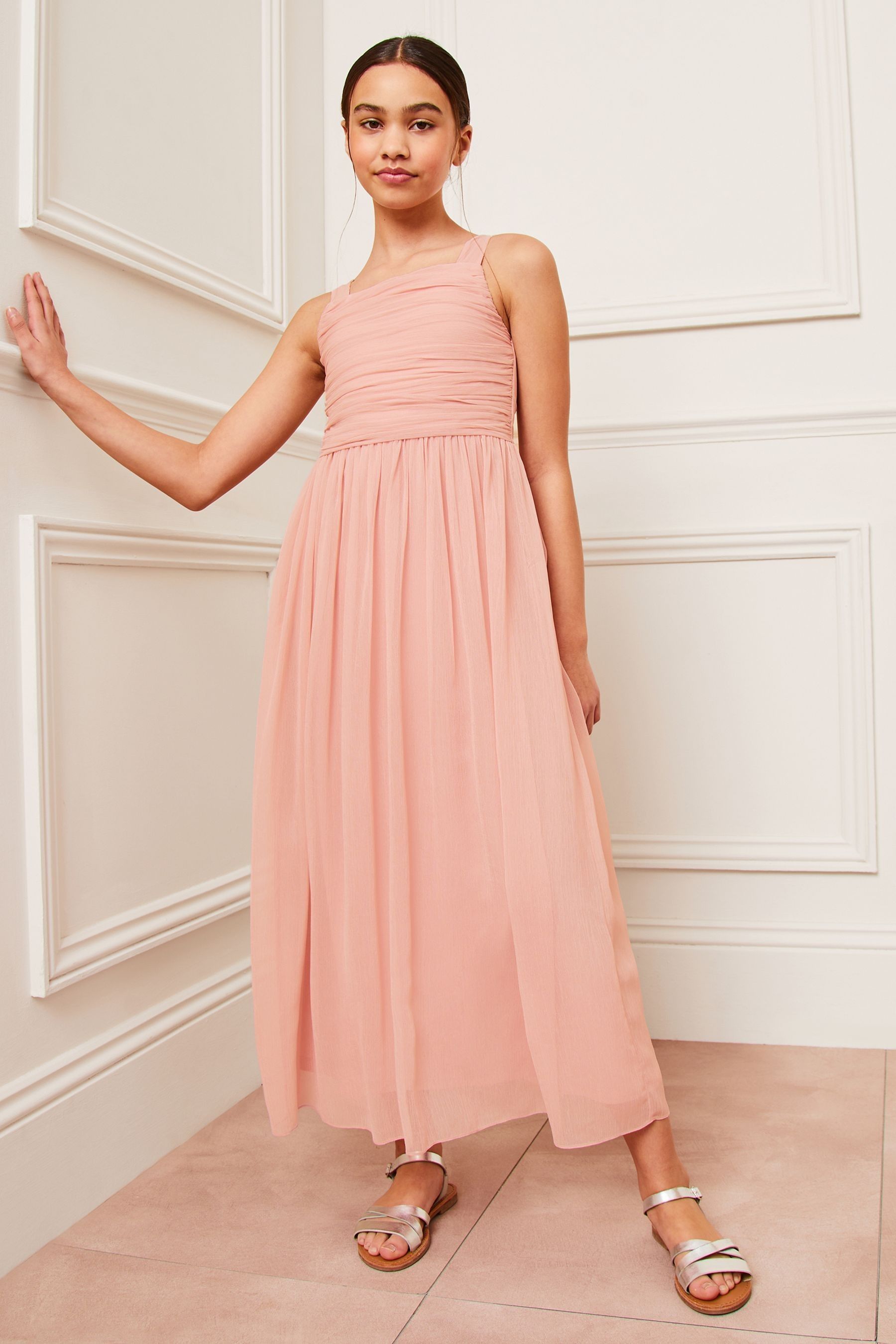 Pink Ruched Square Neck Maxi Occasion Dress (7-16yrs)