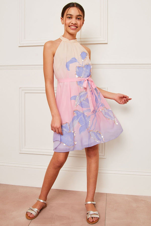 Pink/Purple/Peach Pink Embellished Halter Occasion Dress (7-16yrs)