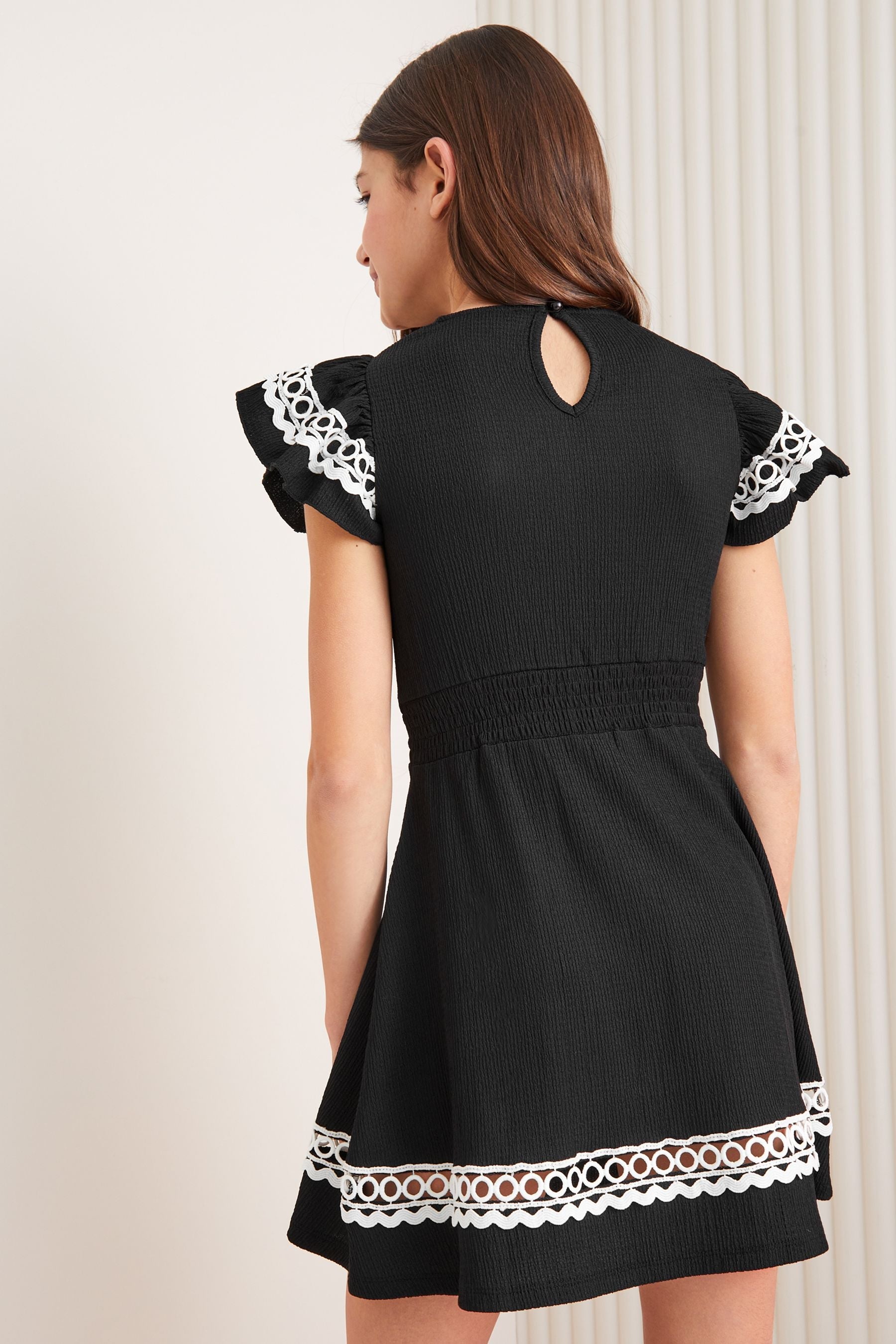 Black/White Embroidered Ruffle Sleeve Dress (5-16yrs)