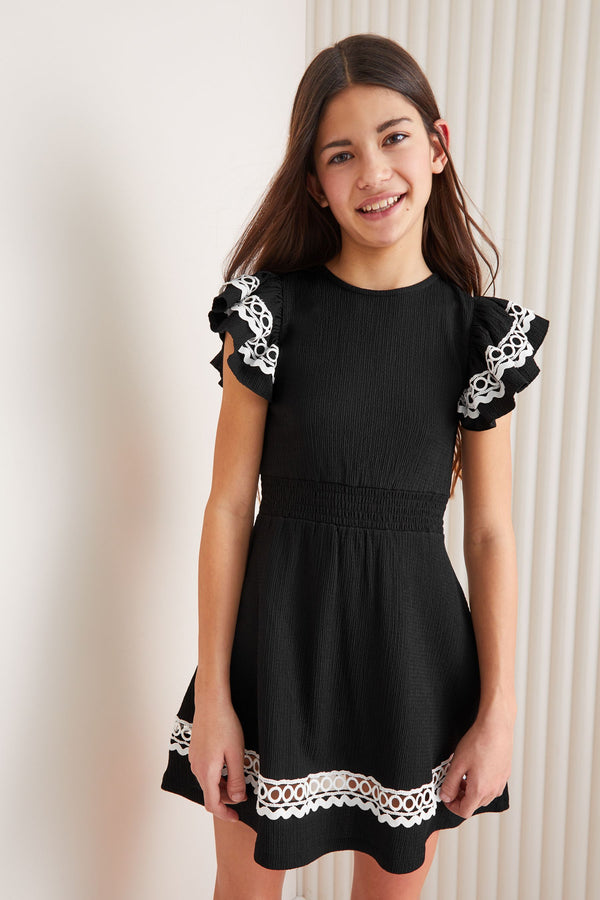 Black/White Embroidered Ruffle Sleeve Dress (5-16yrs)