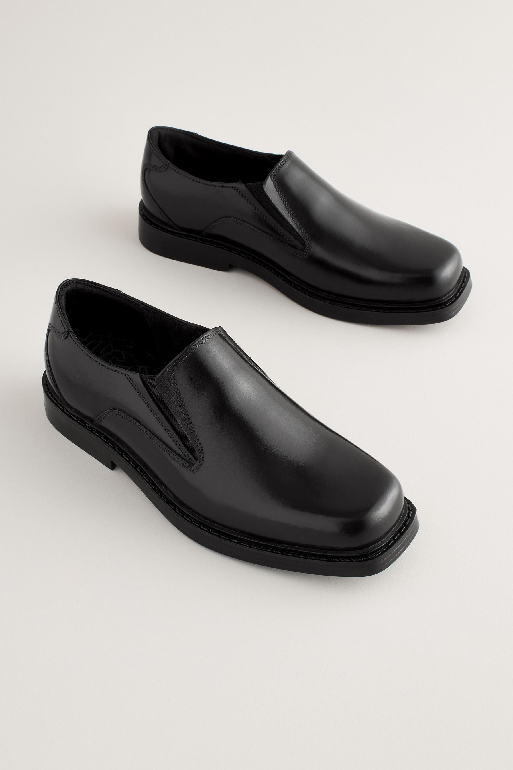 Black Square Toe School Leather Loafers