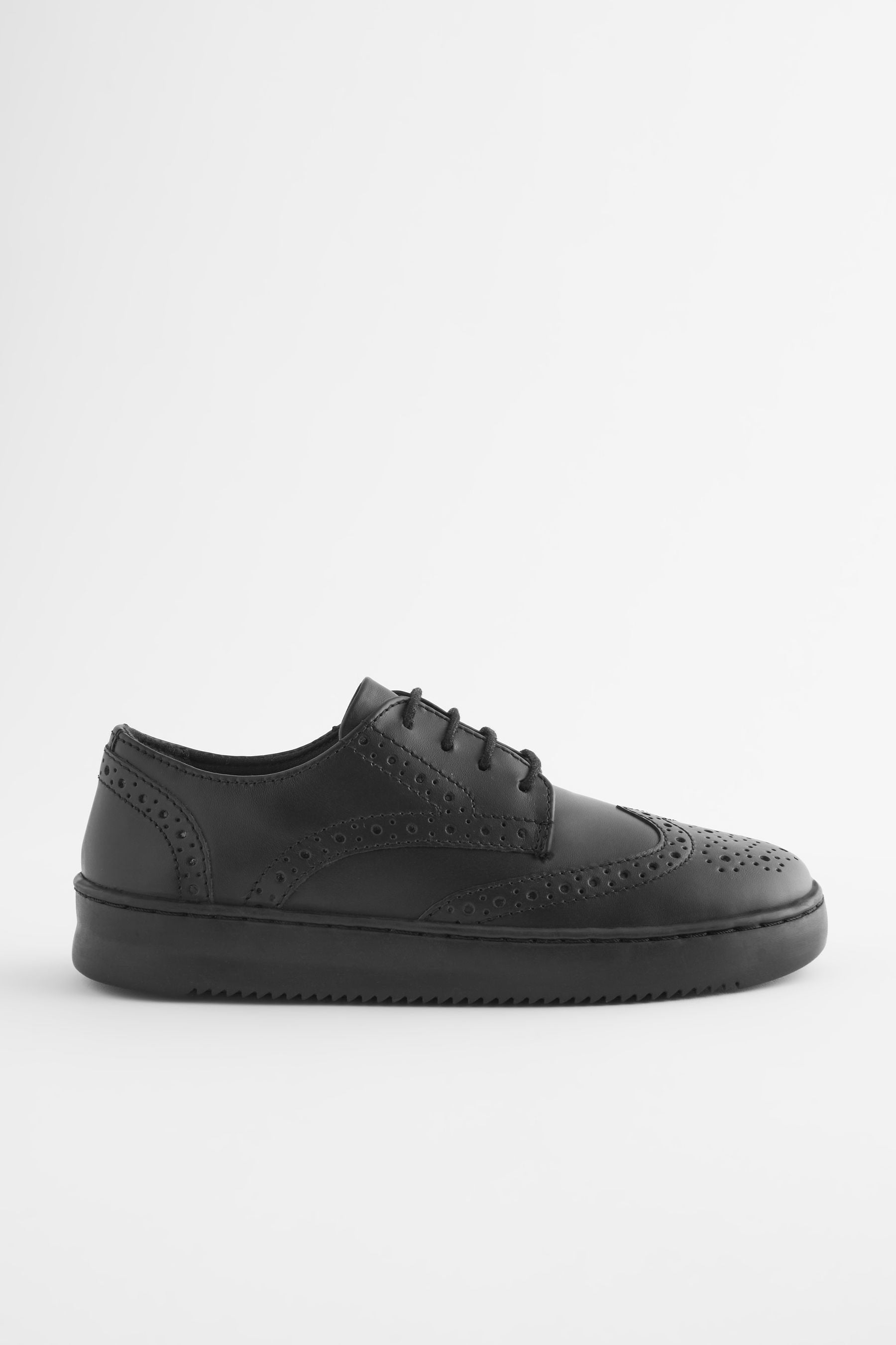 Black Black Leather Brogue Lace-Up School Shoes