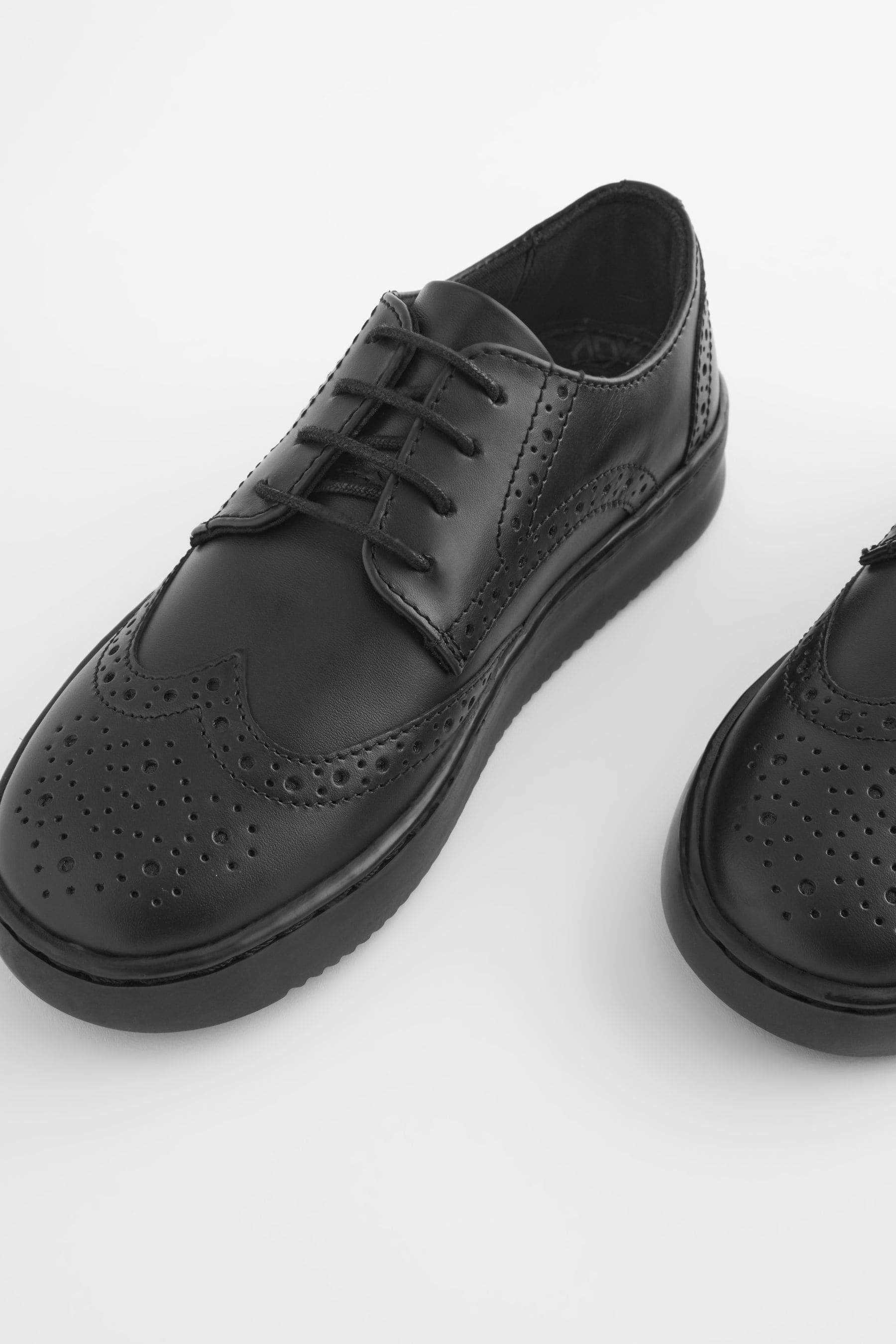 Black Black Leather Brogue Lace-Up School Shoes