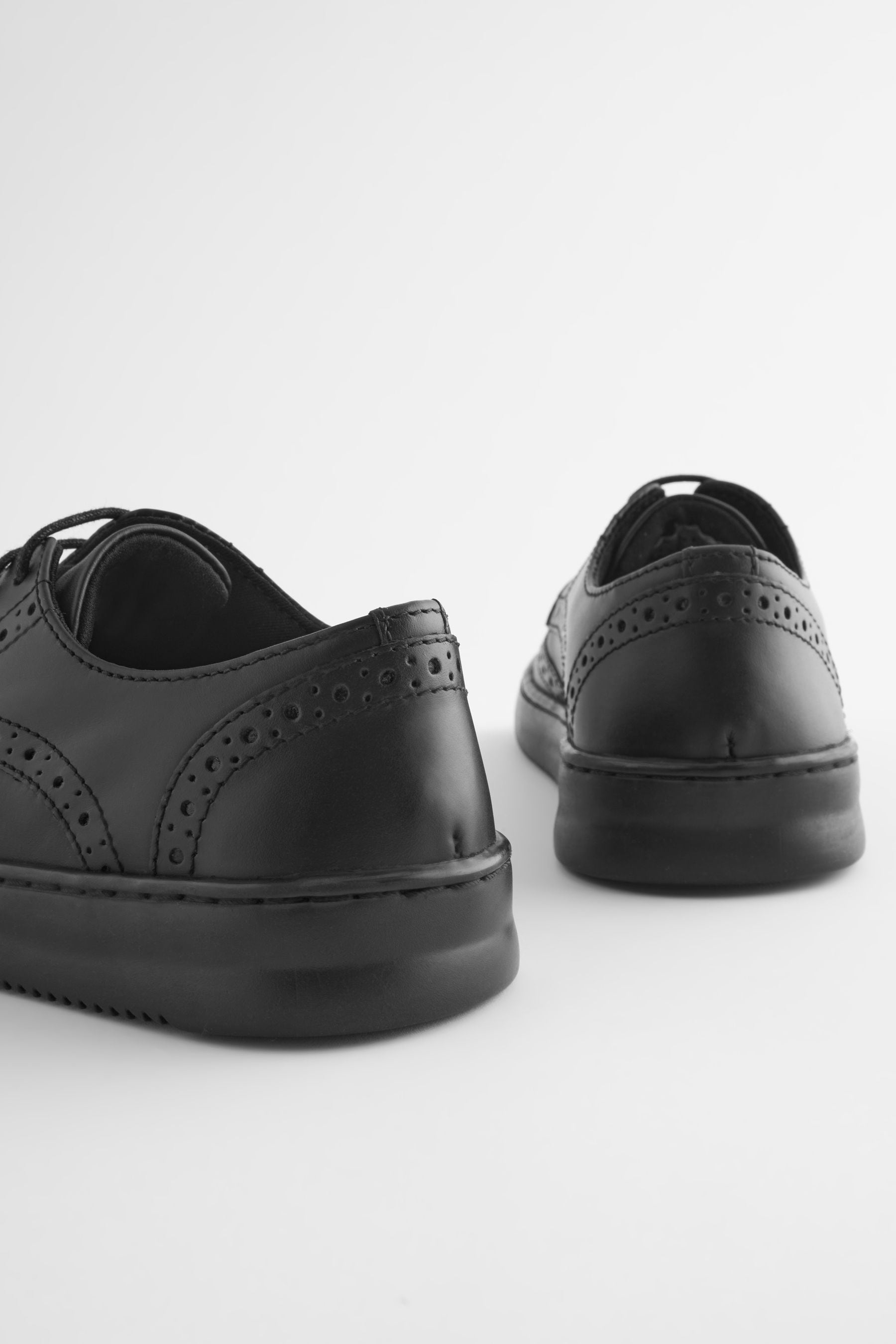 Black Black Leather Brogue Lace-Up School Shoes