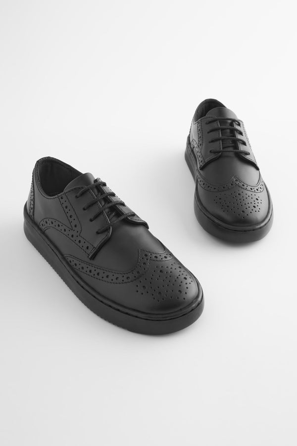 Black Black Leather Brogue Lace-Up School Shoes