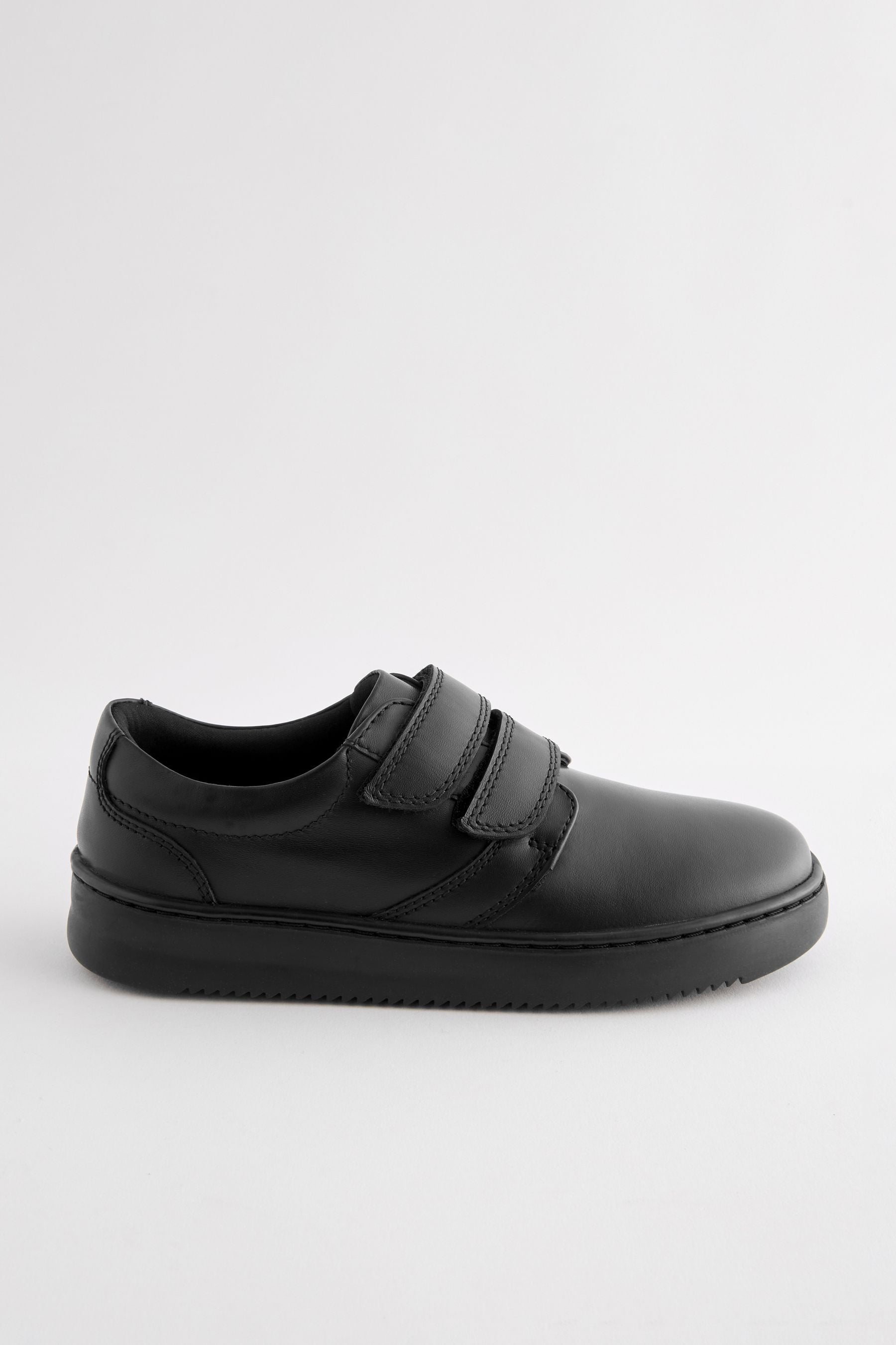 Black Black Leather Double Strap School Shoes