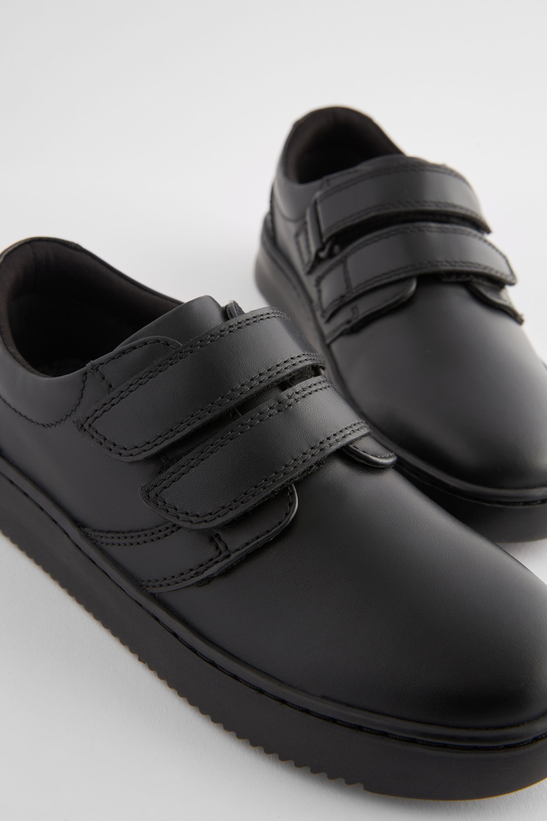 Black Black Leather Double Strap School Shoes