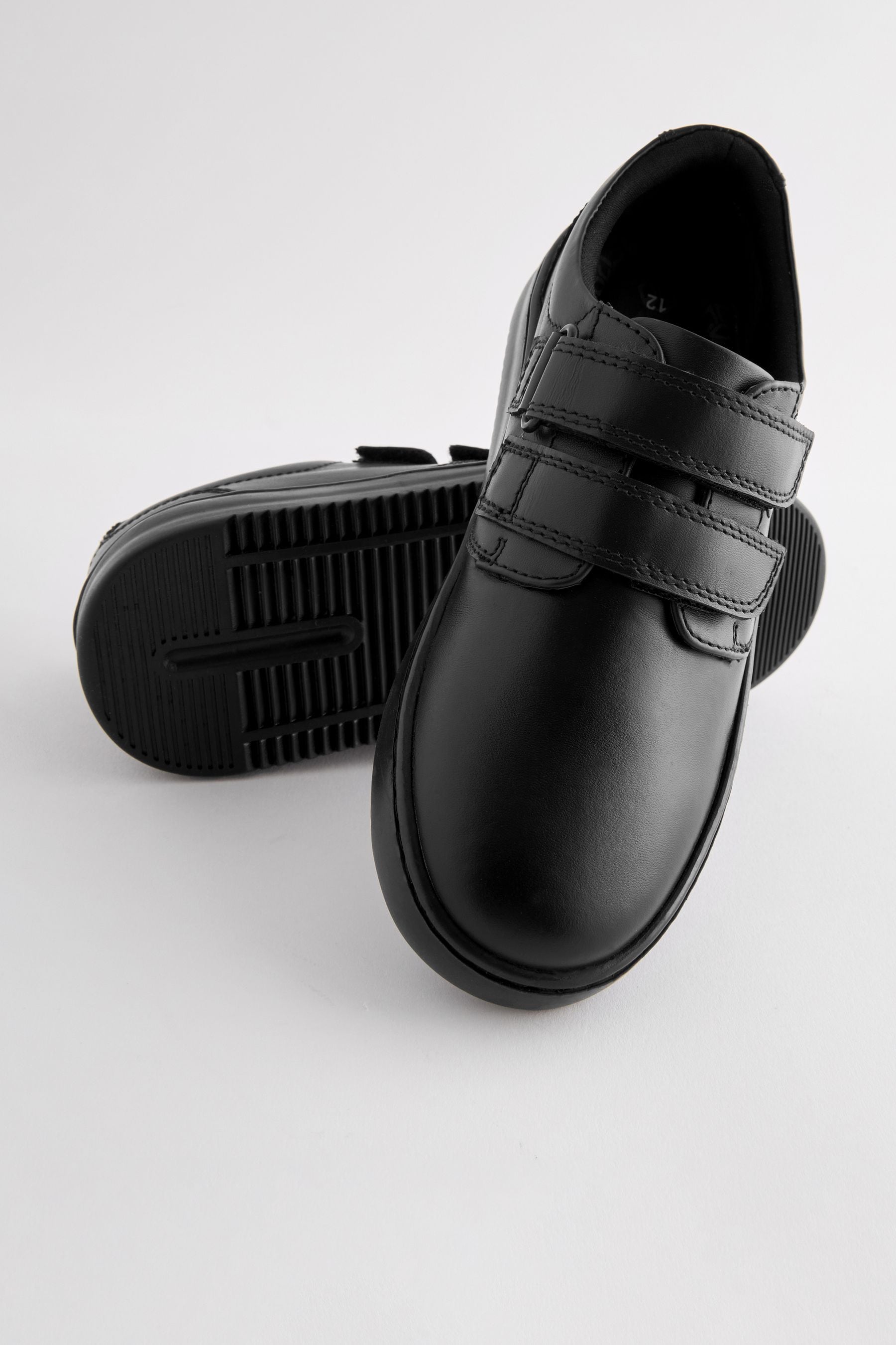 Black Black Leather Double Strap School Shoes