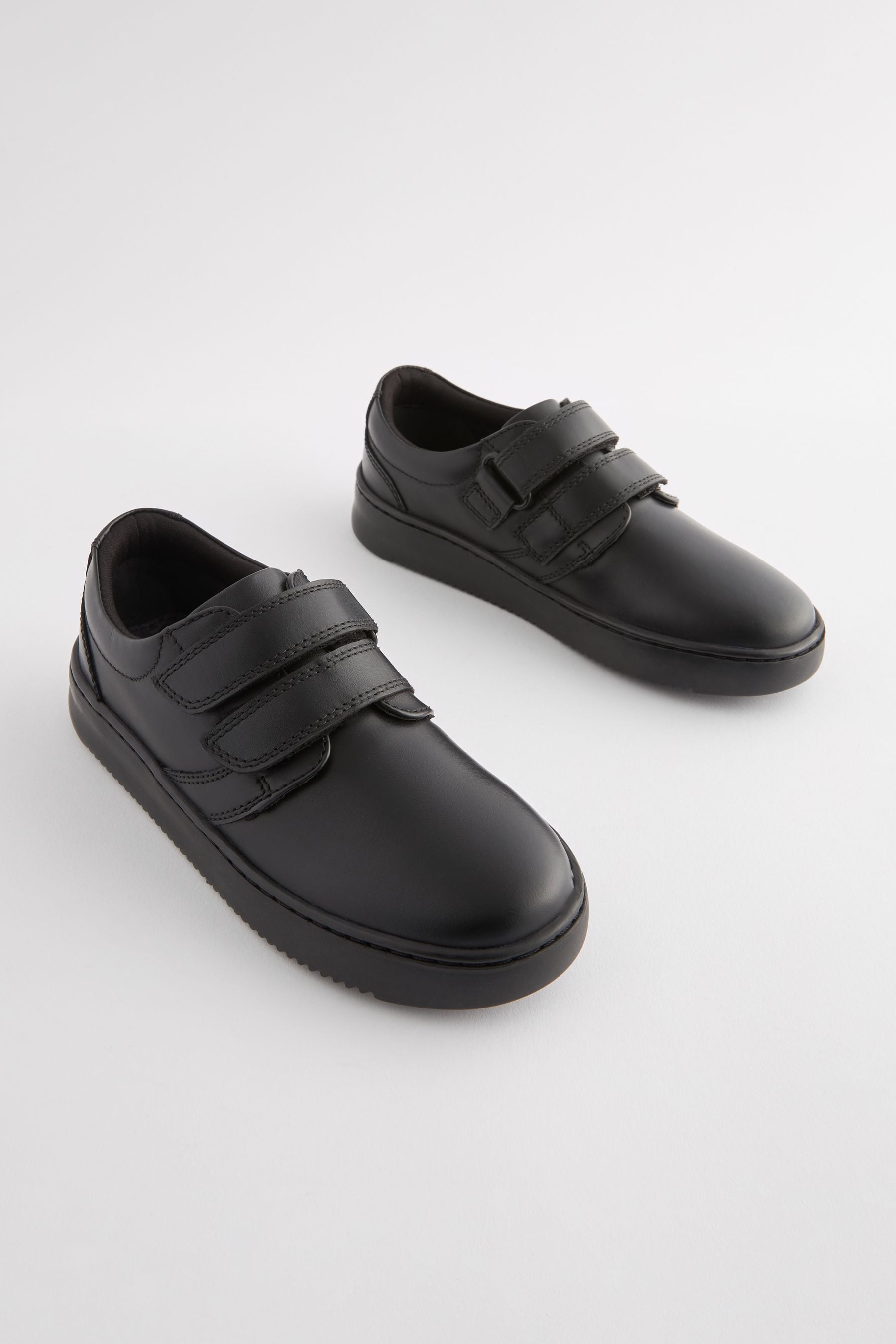 Black Black Leather Double Strap School Shoes