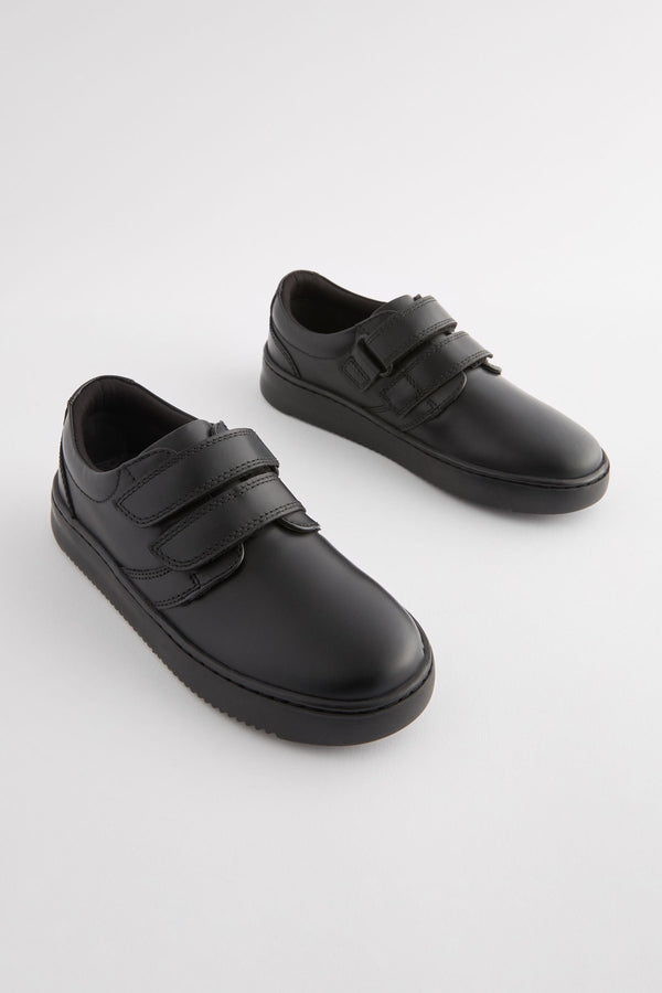 Black Black Leather Double Strap School Shoes