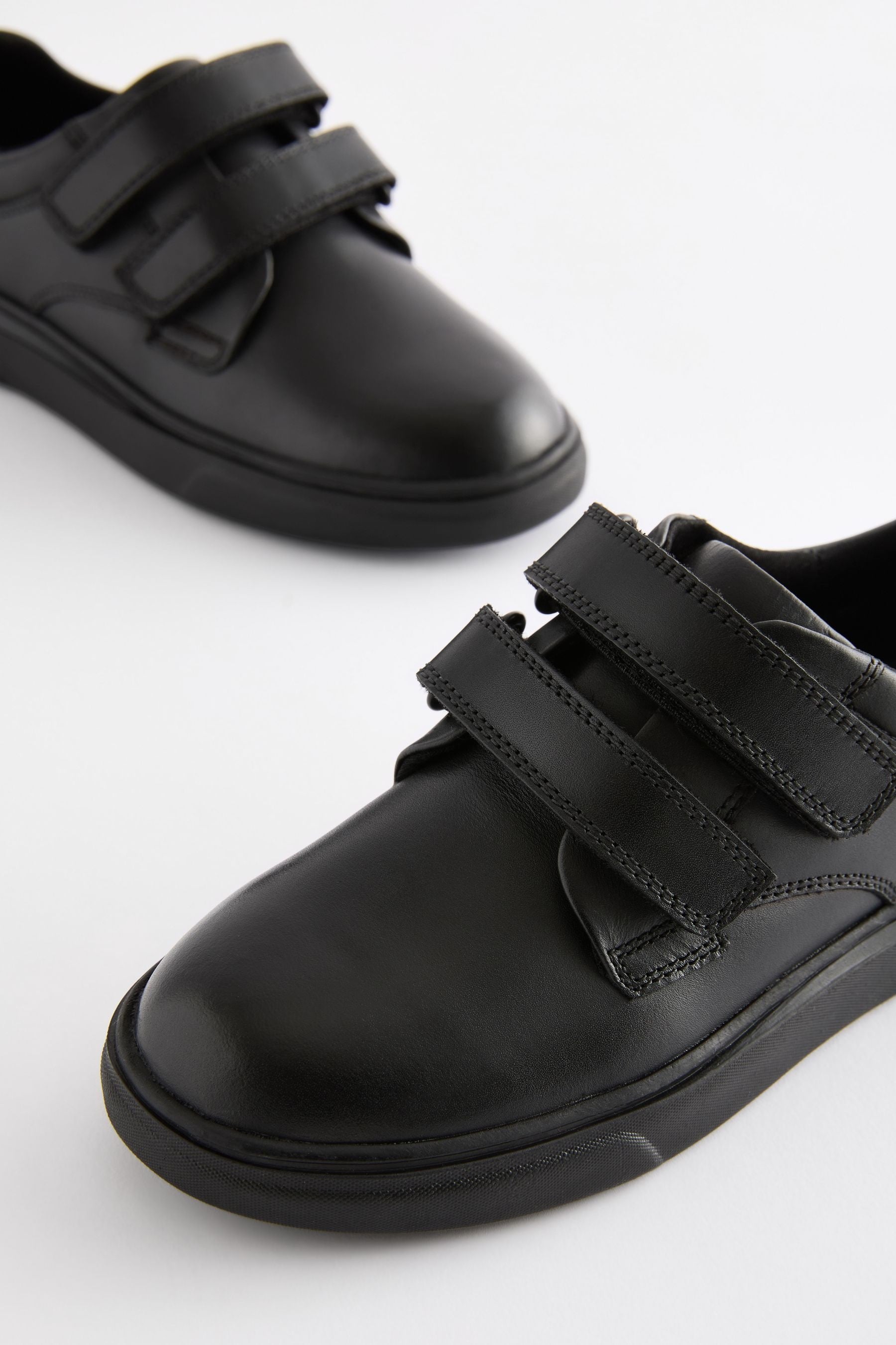 Black Leather 2 Strap Touch Fastening School Shoes