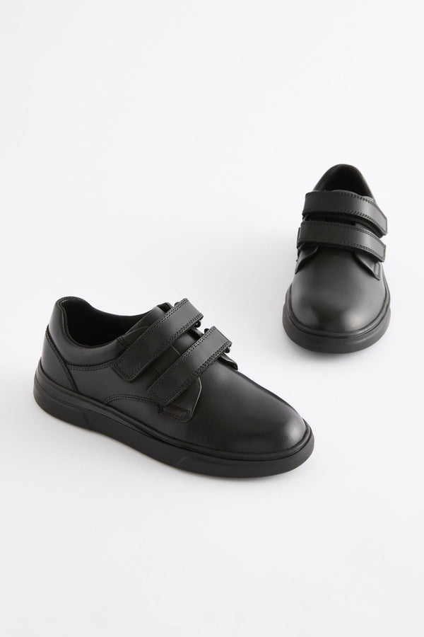 Black Leather 2 Strap Touch Fastening School Shoes