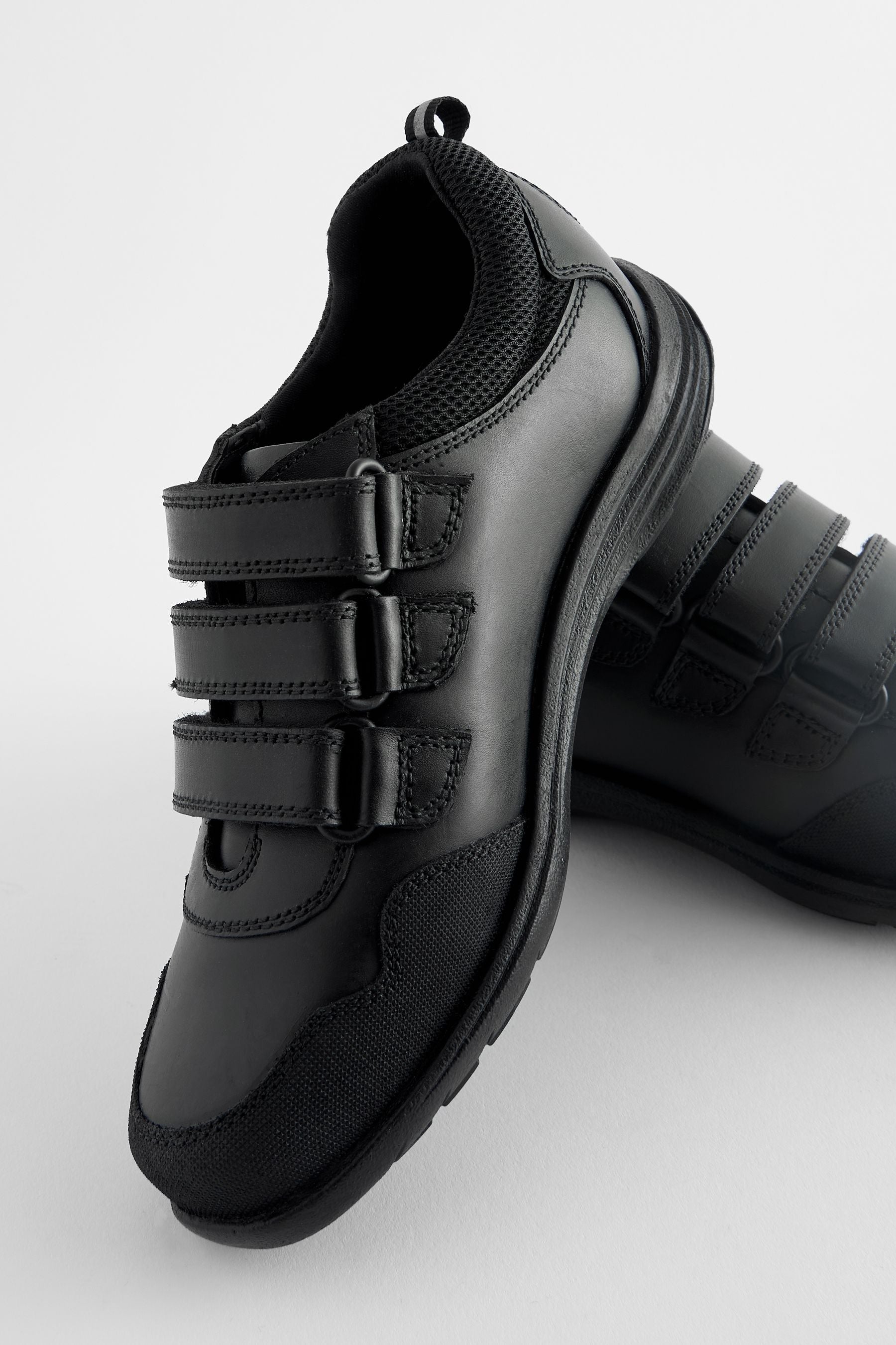 Black Standard Fit (F) Leather Touch Fastening School Shoes