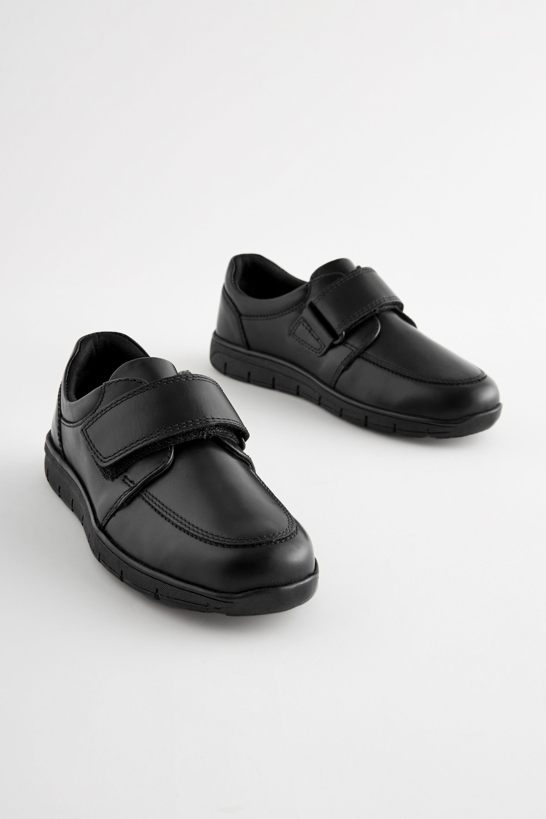 Black Standard Fit (F) Leather Touch Fastening School Shoes