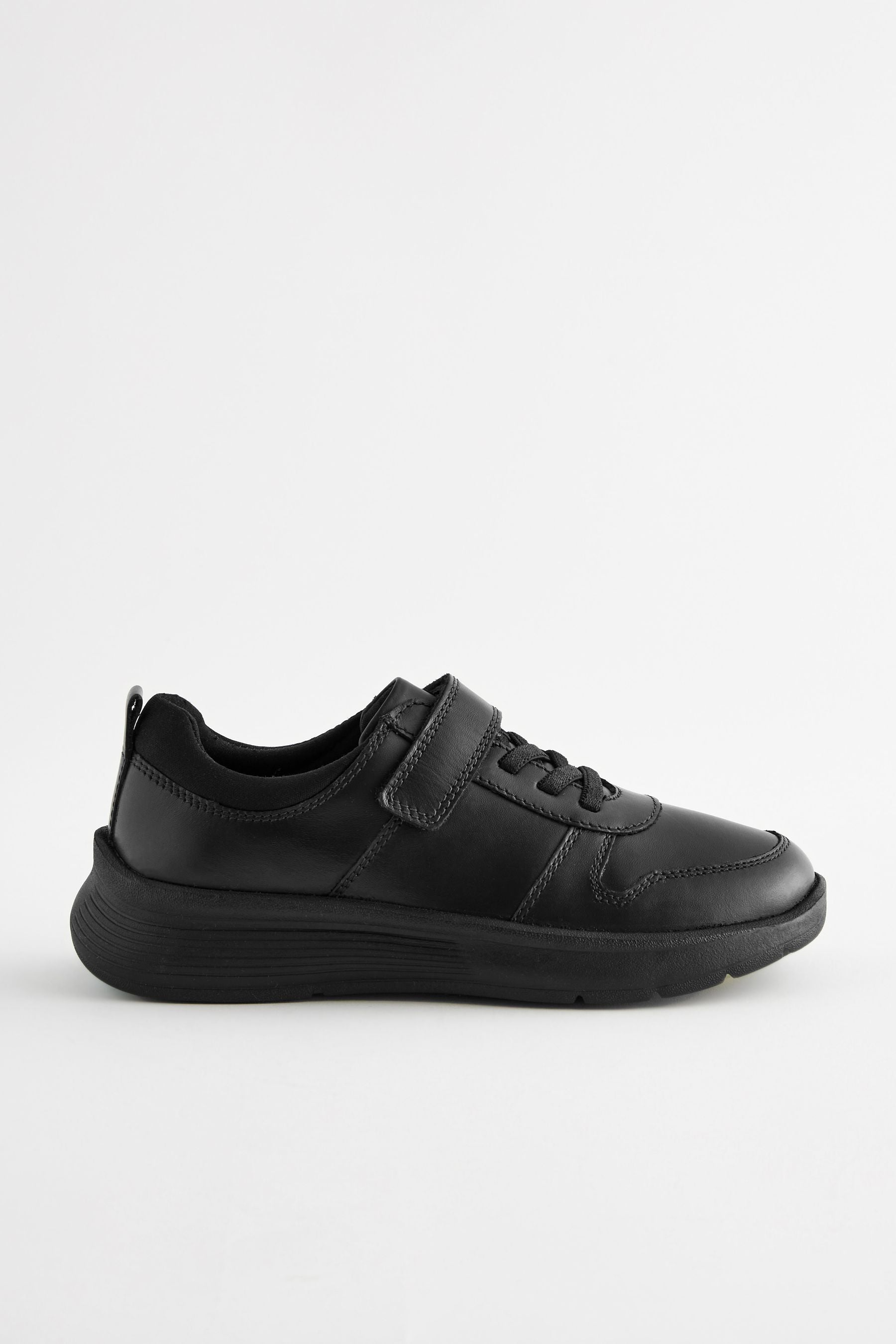 Black Standard Fit (F) Leather 1 Strap Elastic Lace School Shoes