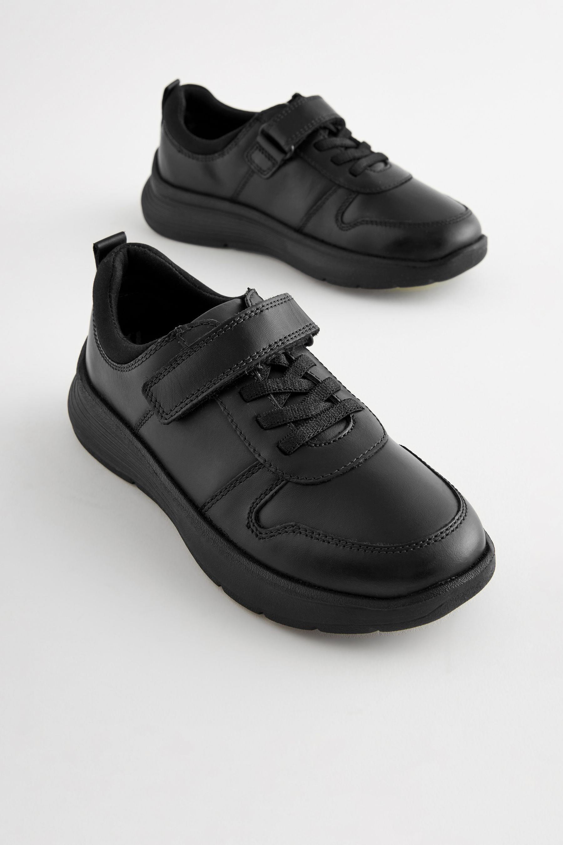 Black Standard Fit (F) Leather 1 Strap Elastic Lace School Shoes