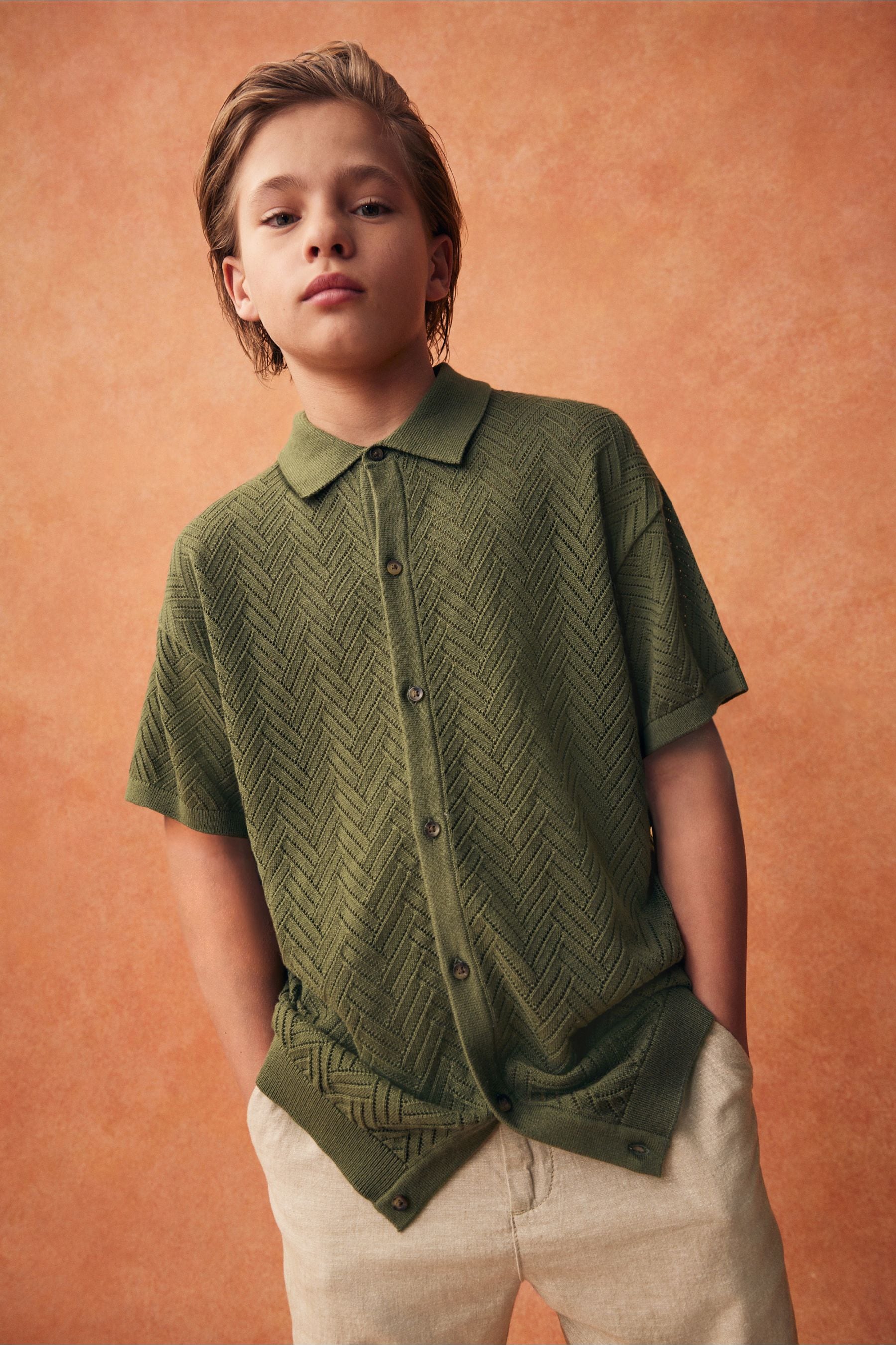 Khaki/Green Polo Short Sleeve Trophy Neck Jumper (3-16yrs)