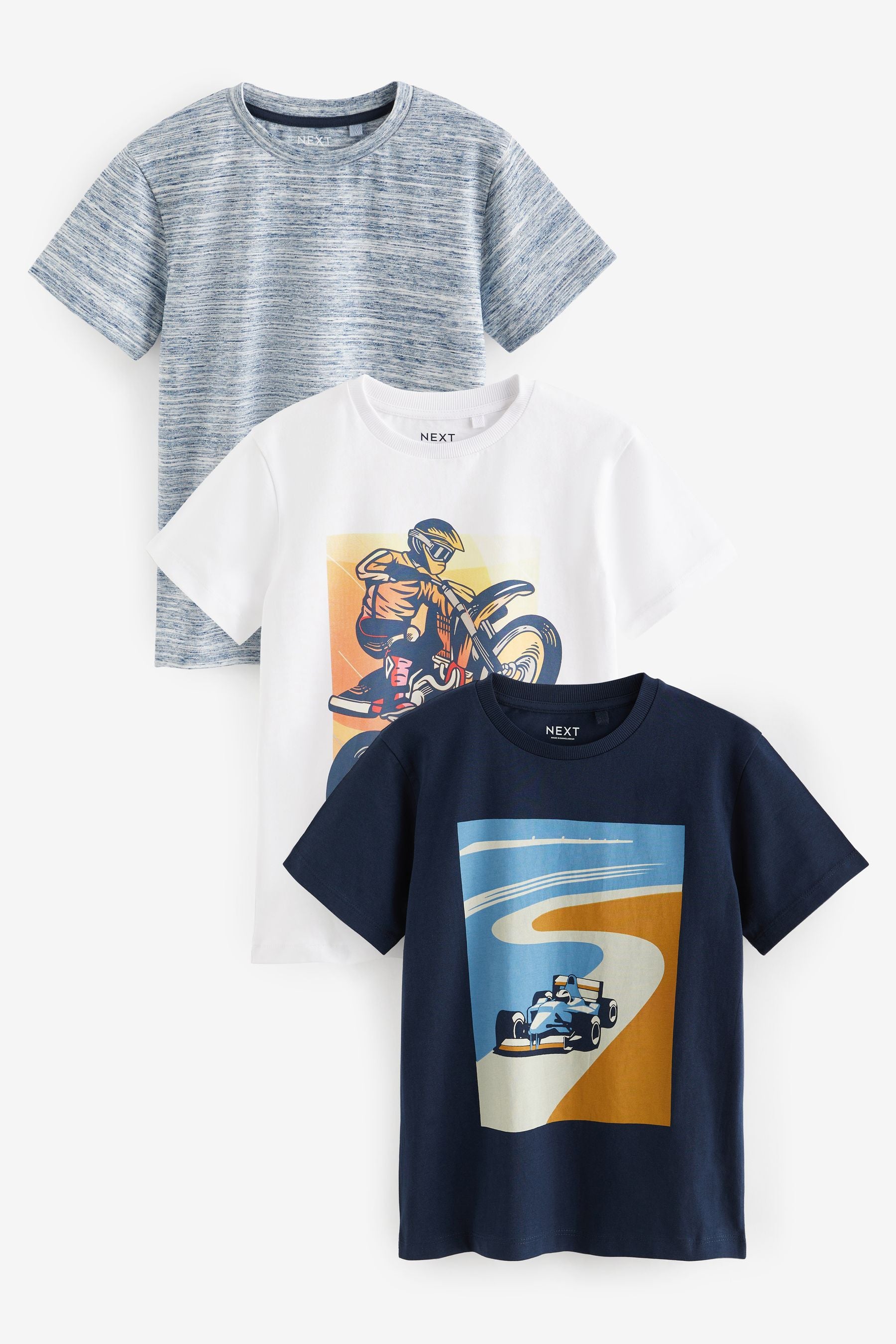 Navy Blue Texture Vehicles Graphic Regular Fit Short Sleeve T-Shirts 3 Pack (3-16yrs)