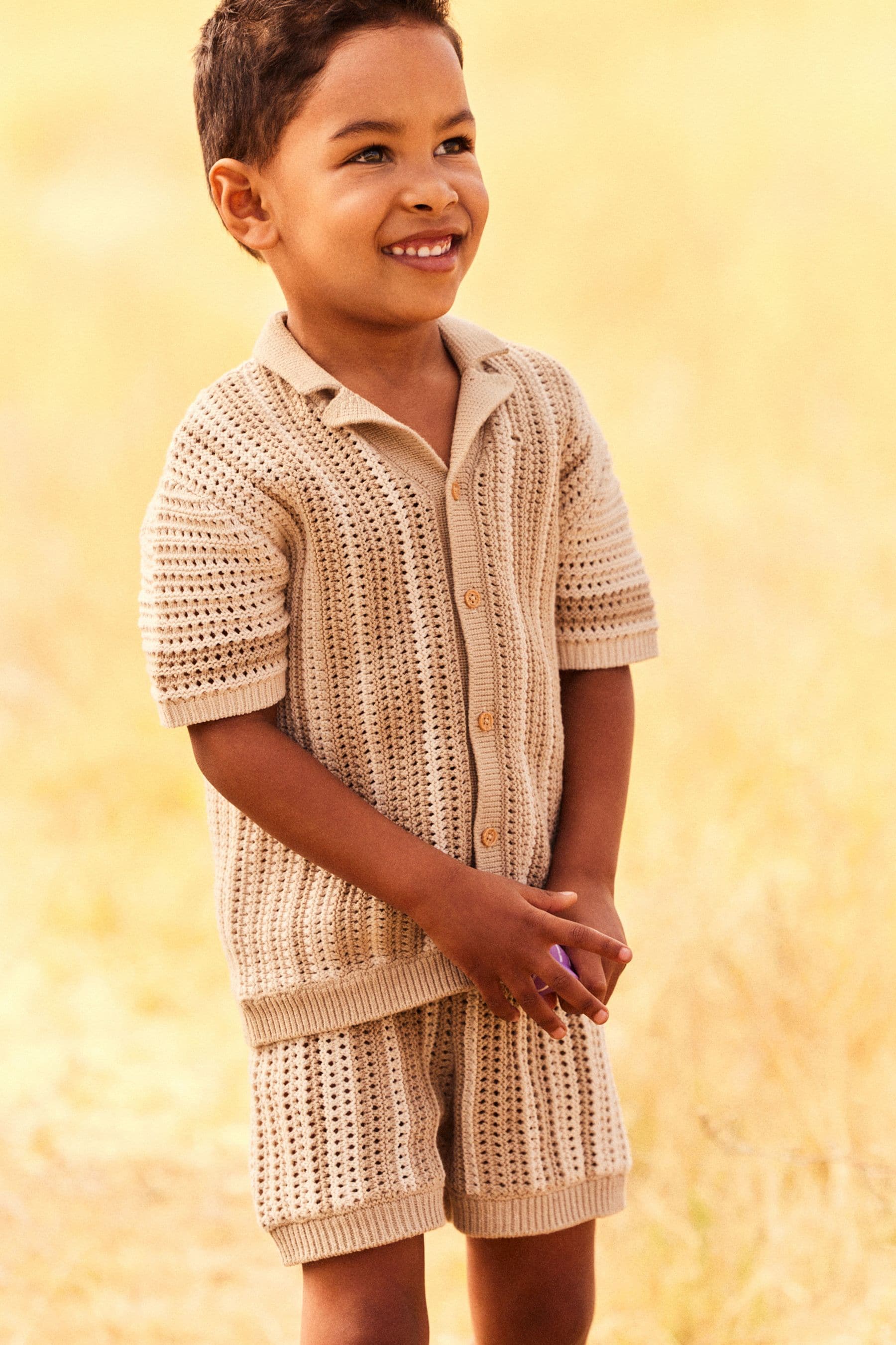 Neutral Crochet Short Sleeve Shirt and Shorts Set (3mths-10yrs)