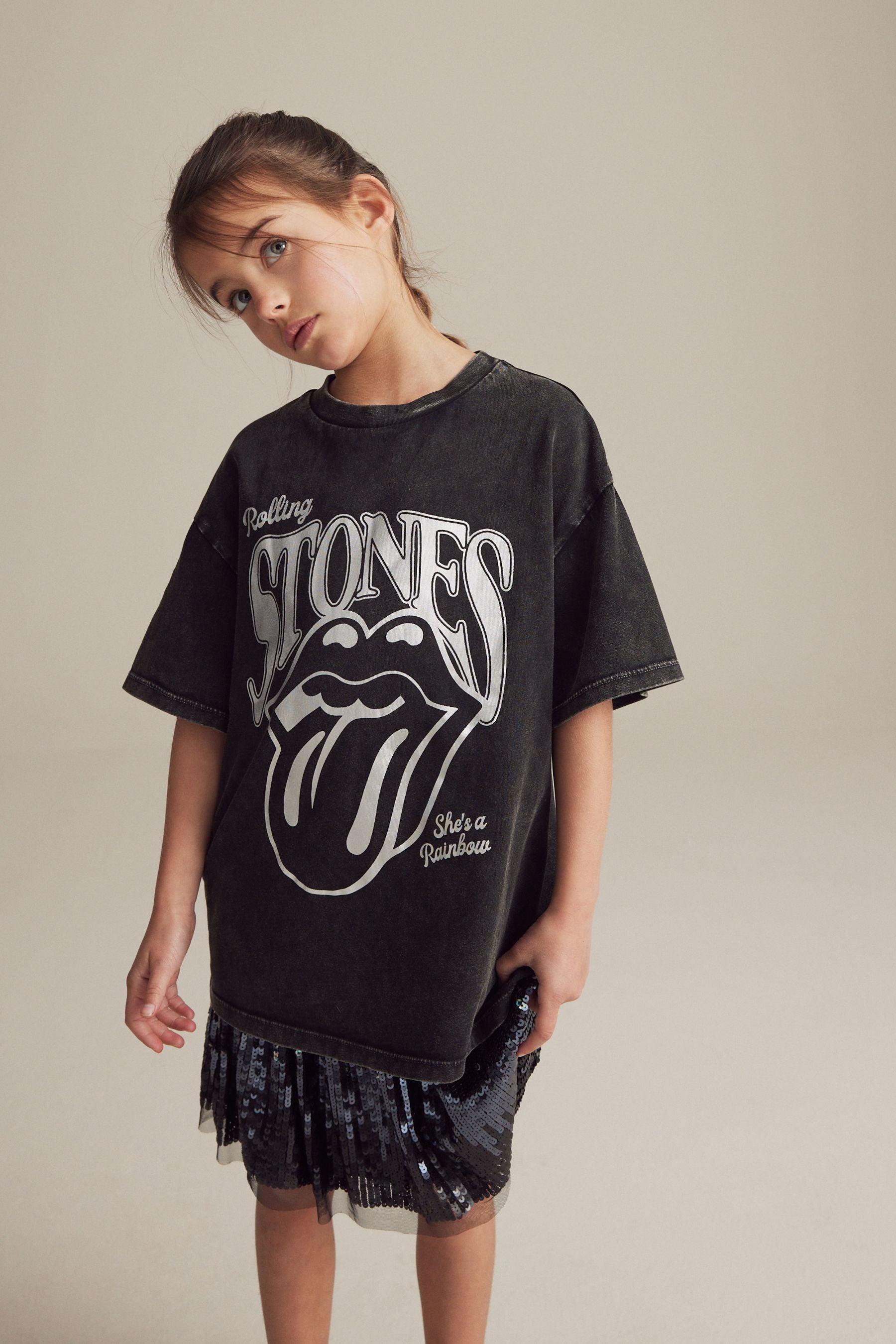 Black Metallic Rolling Stones Oversized T-Shirt (3-16yrs)