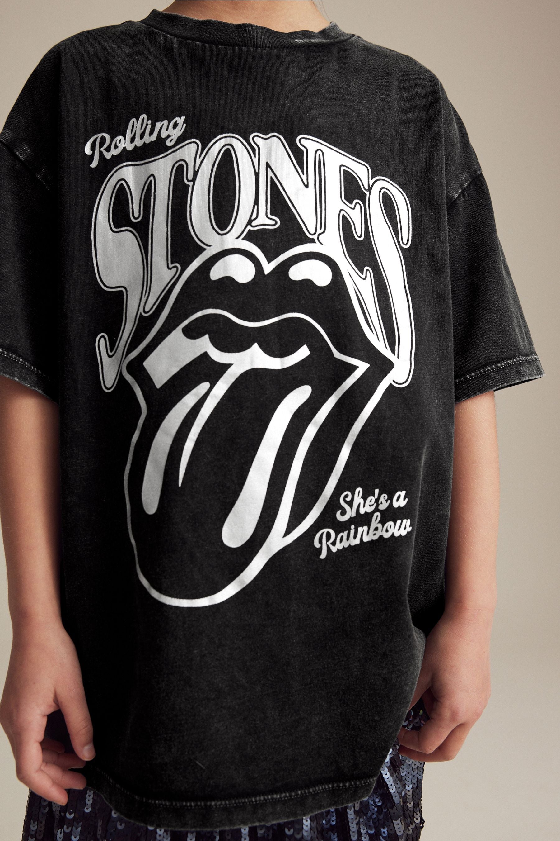 Black Metallic Oversized Rolling Stones 100% Cotton T-Shirt (3-16yrs)