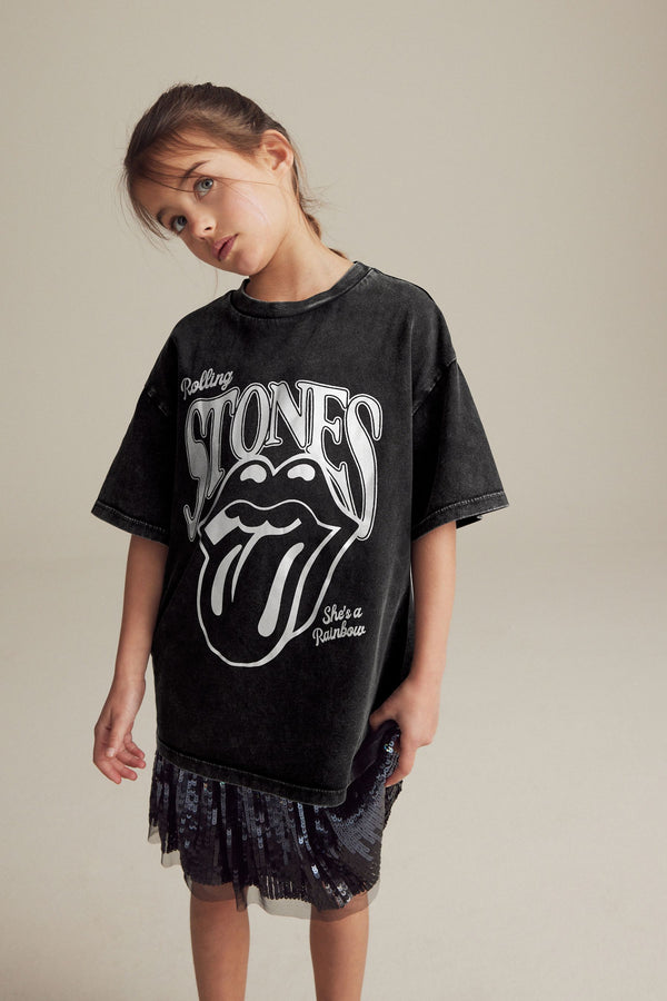 Black Metallic Oversized Rolling Stones 100% Cotton T-Shirt (3-16yrs)