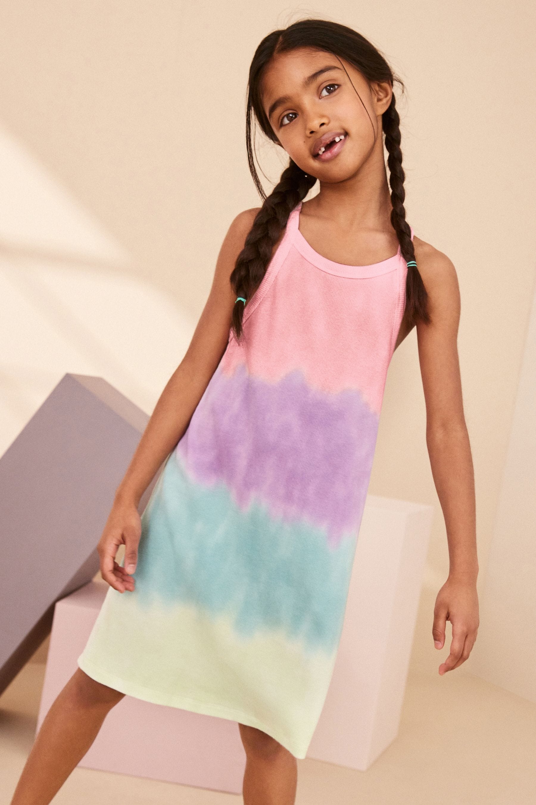 Rainbow Tie Dye Ribbed Racer Jersey Dress (3-16yrs)