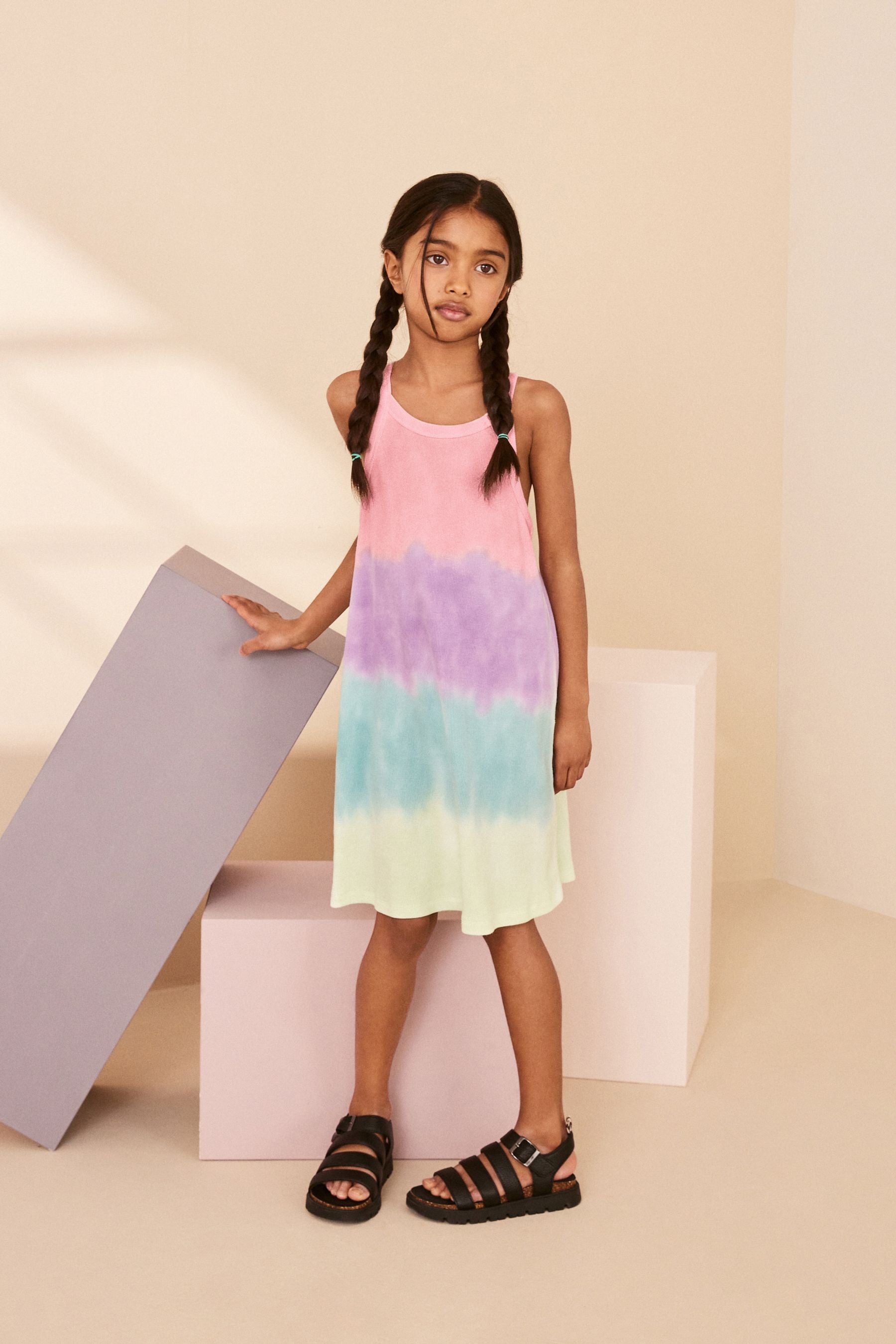 Rainbow Tie Dye Ribbed Racer Jersey Dress (3-16yrs)