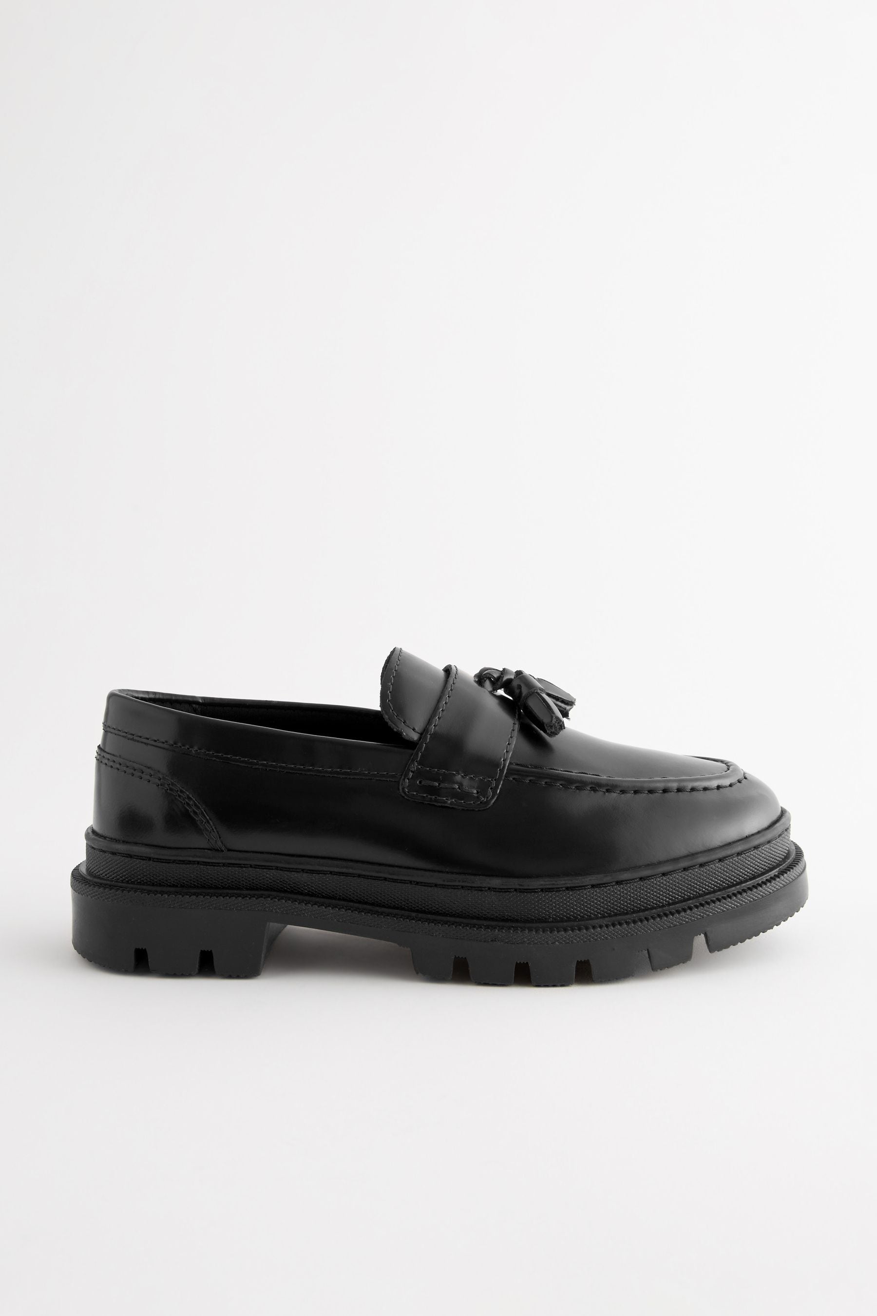 Black Leather Tassle Loafer School Shoes