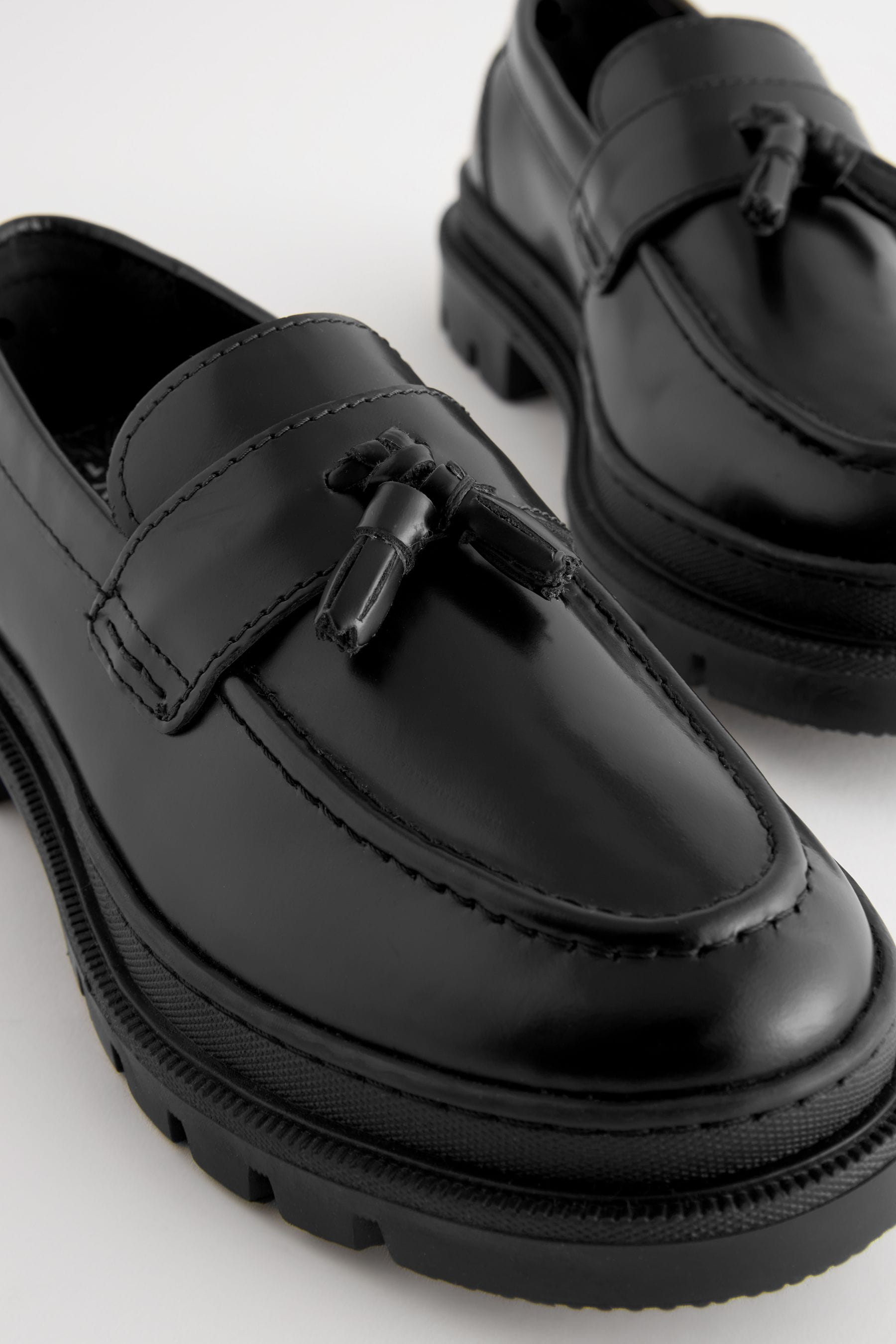 Black Leather Tassle Loafer School Shoes