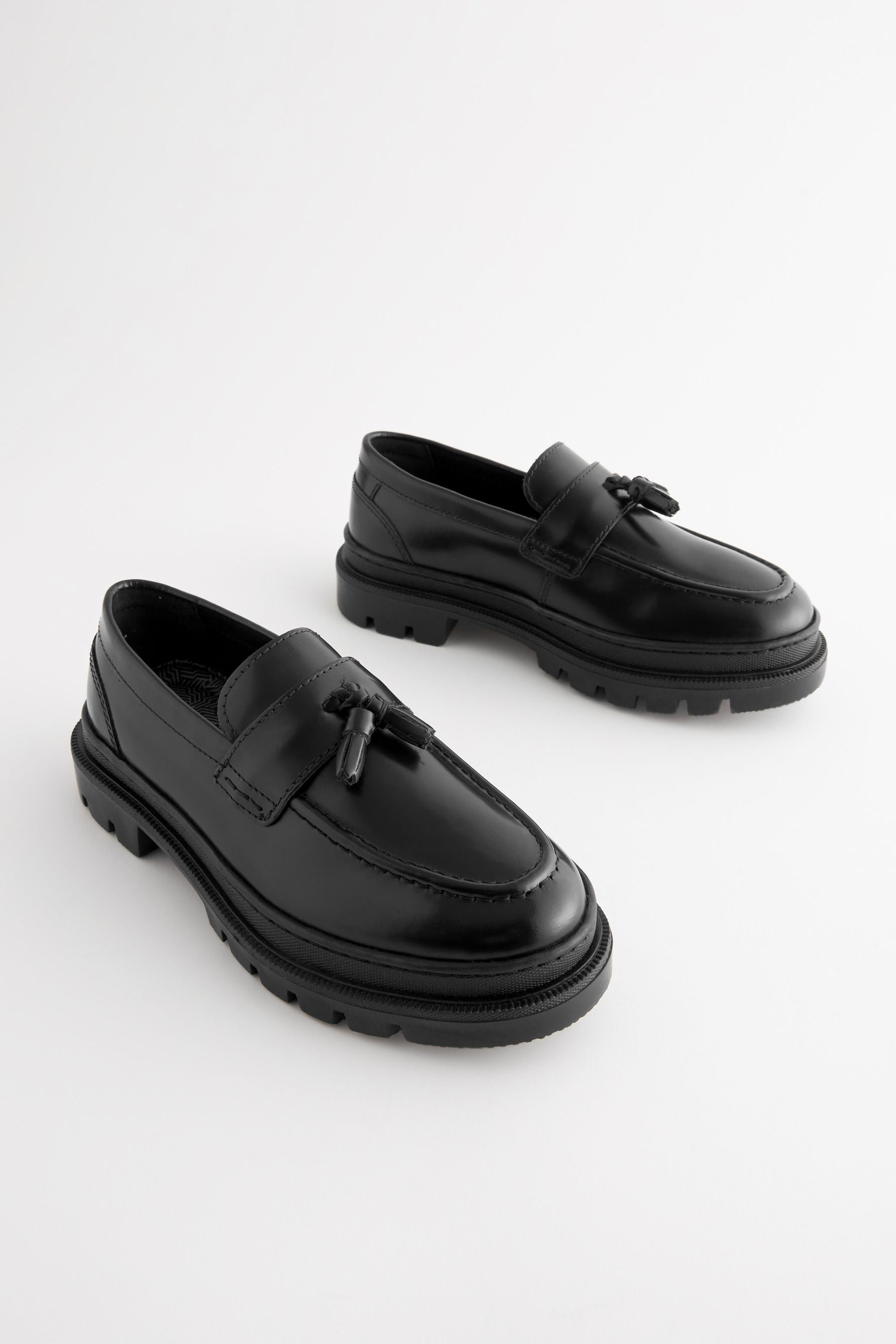 Black Leather Tassle Loafer School Shoes