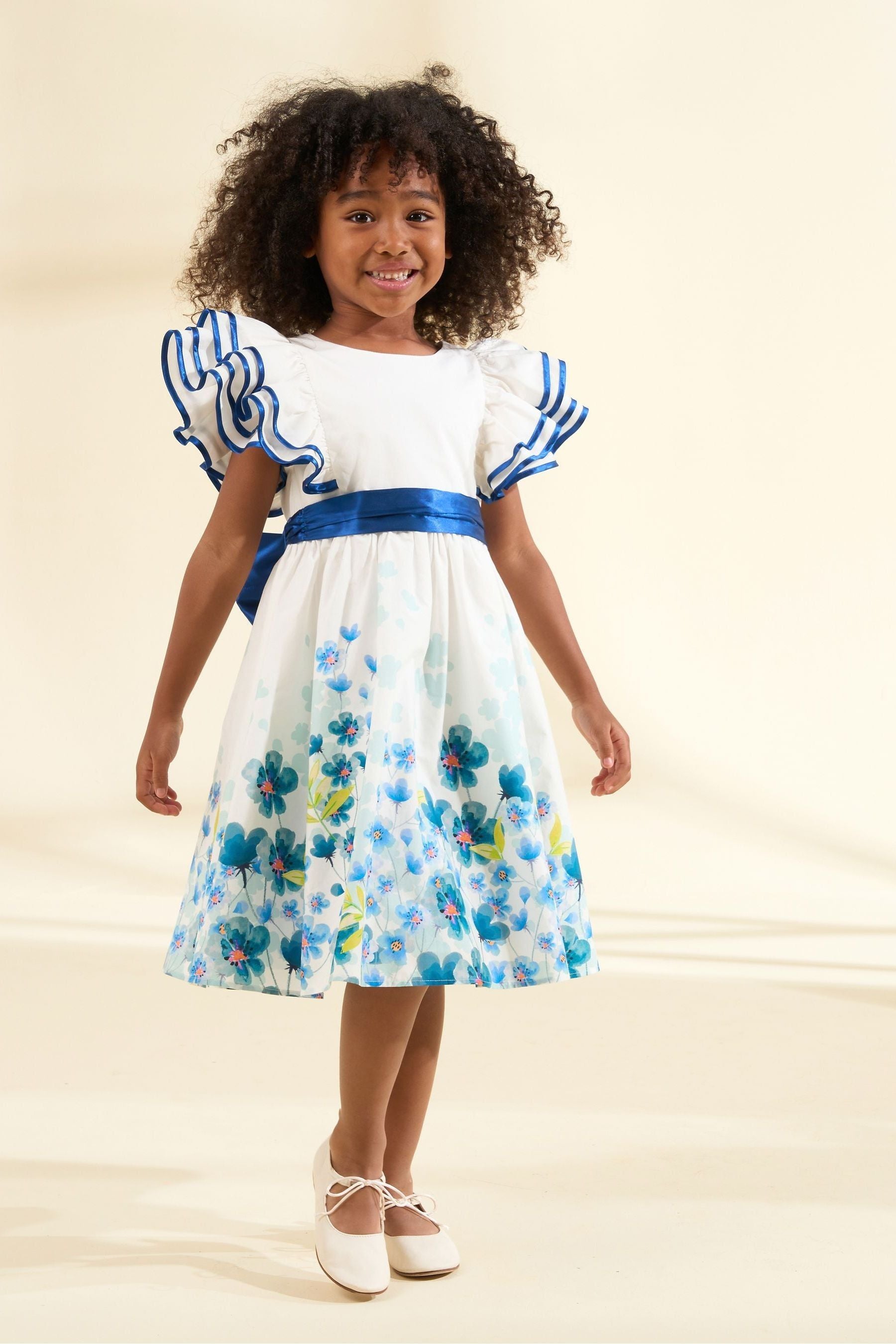 White Angel & Rocket Border Print Emillie Tie Sash Dress