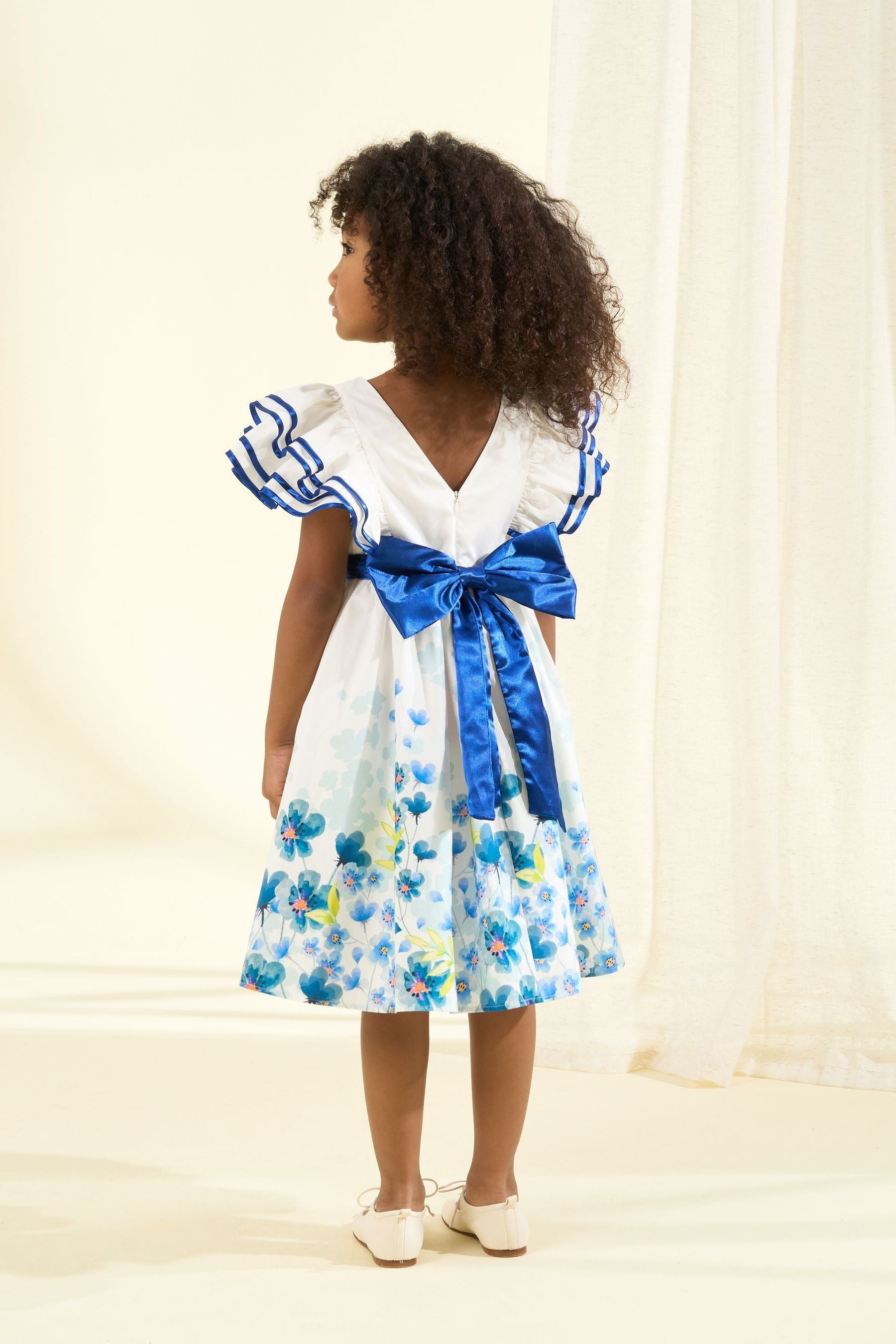 White Angel & Rocket Border Print Emillie Tie Sash Dress