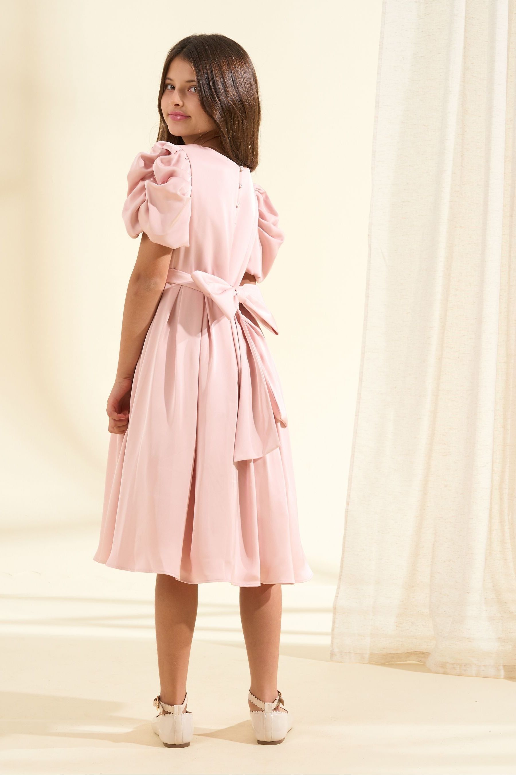 Angel & Rocket Blush Pink Portia Pleated Bodice Bow Dress