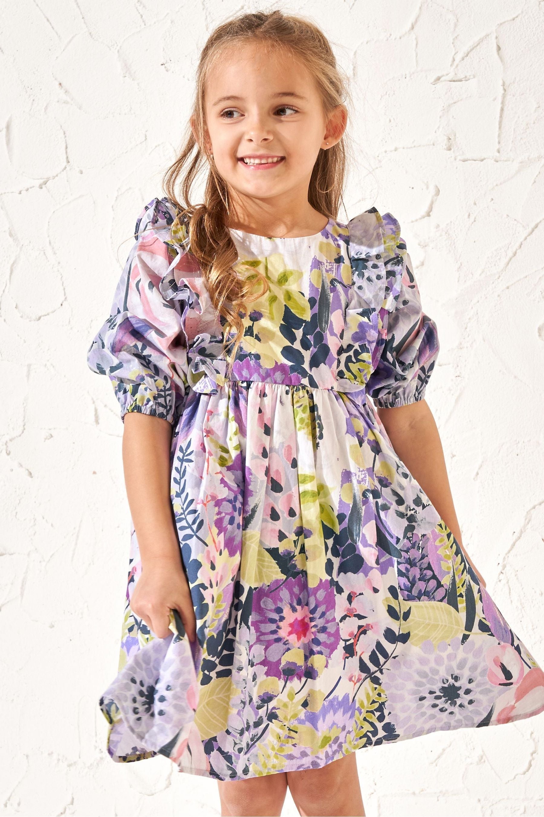 Purple Angel & Rocket Ellie Ruffle Print Dress