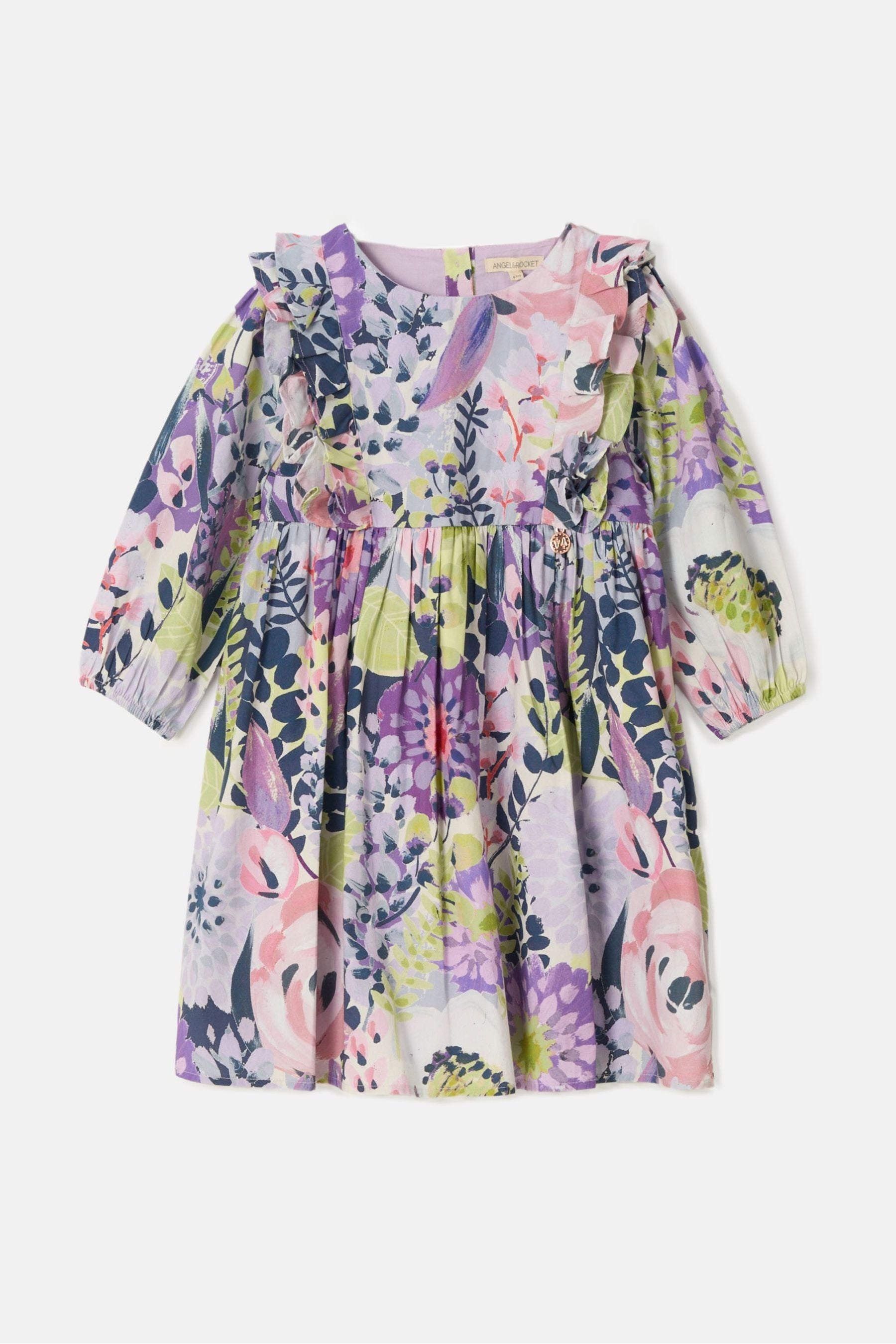 Purple Angel & Rocket Ellie Ruffle Print Dress