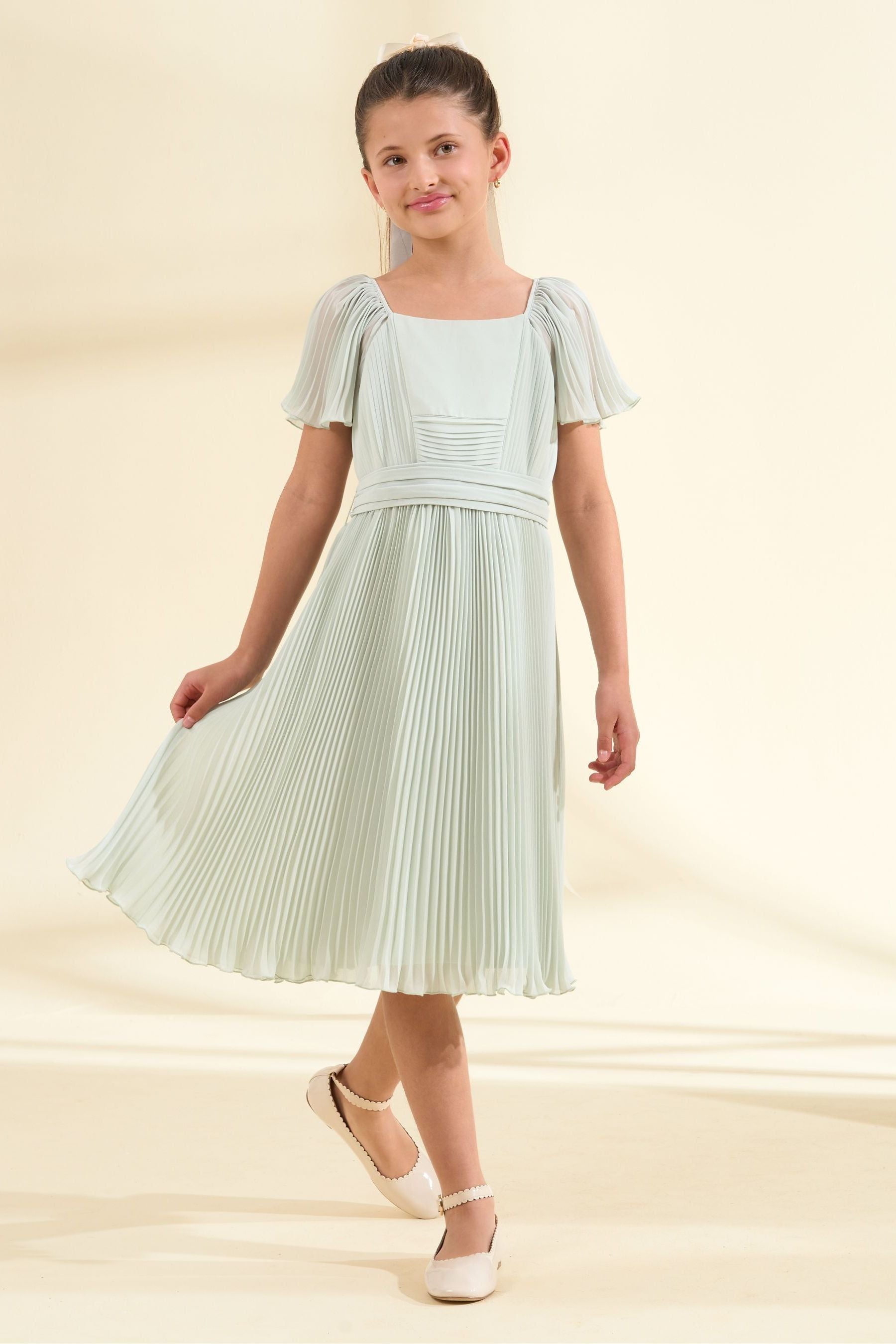 Angel & Rocket Green Pleated Ballerina Occasion Bow Dress