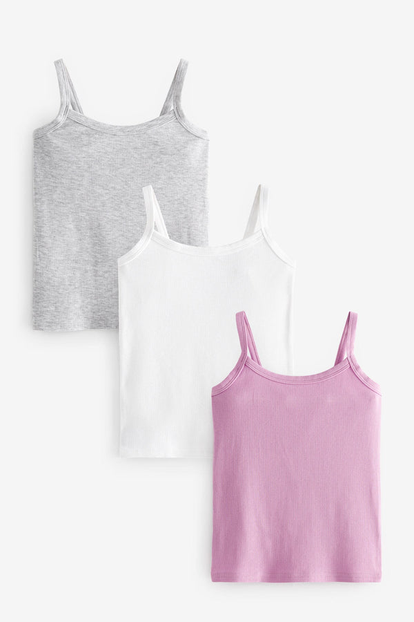 Grey/Pink/White Rib Cami Vest 3 Pack (2-16yrs)