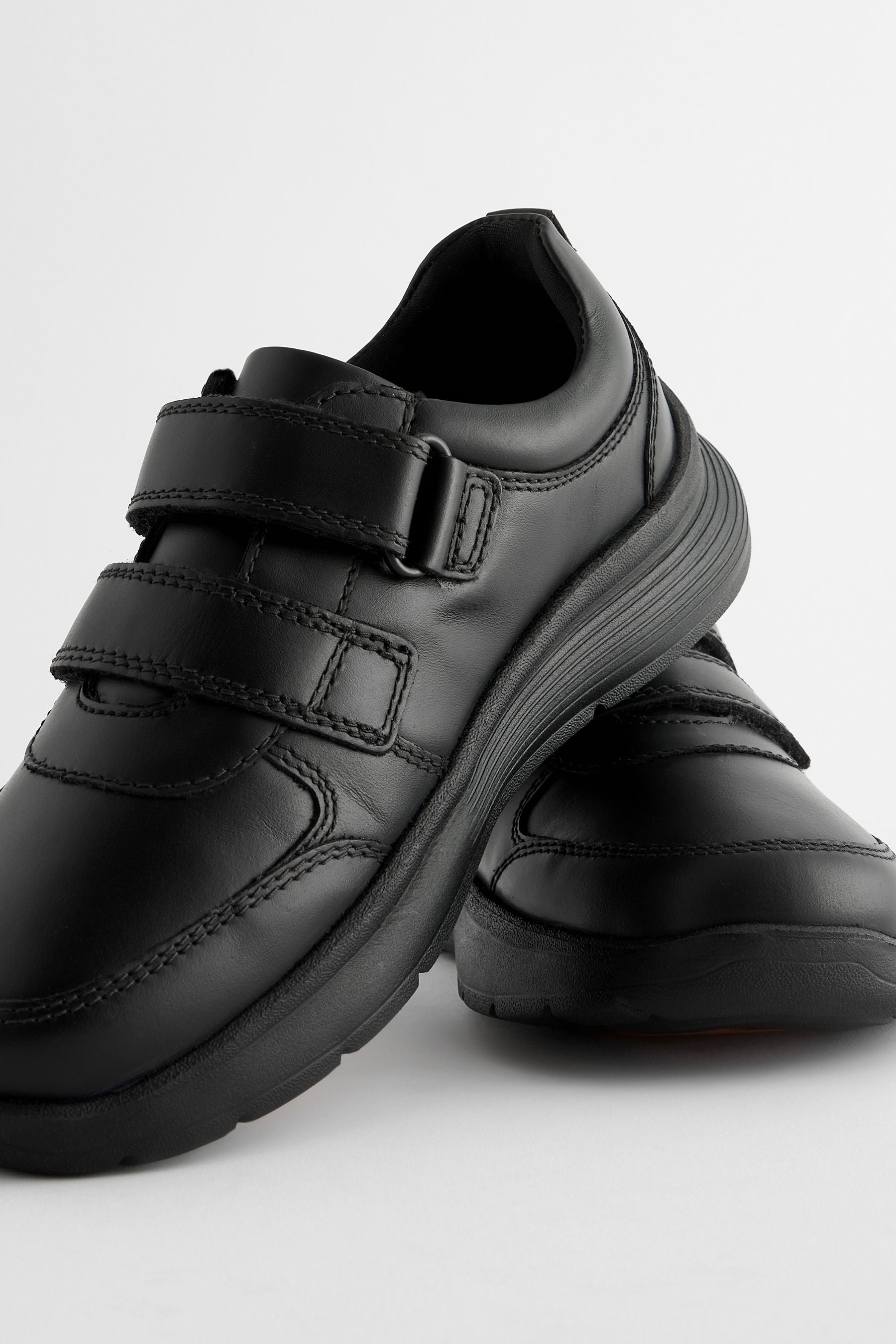 Black Wide Fit (G) Leather 2 Strap Touch Fastening School Shoes