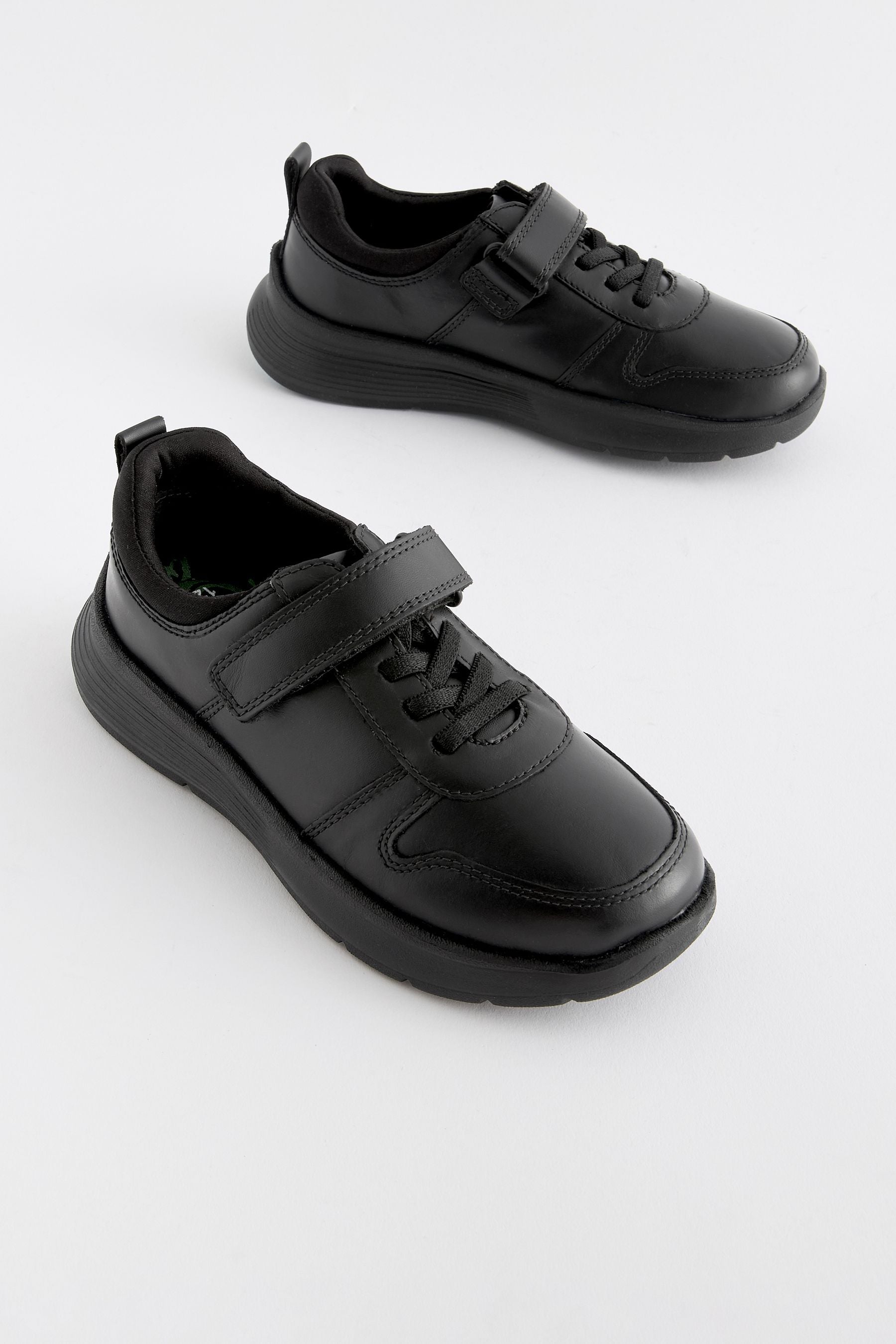 Black Wide Fit (G) Leather 1 Strap Elastic Lace School Shoes