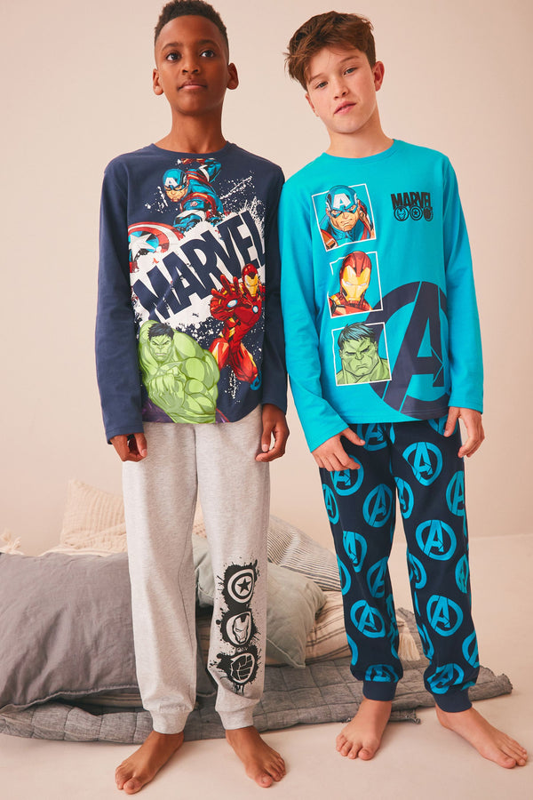 Blue/Grey Marvel 2 Pack 100% Cotton Pyjamas (3-16yrs)