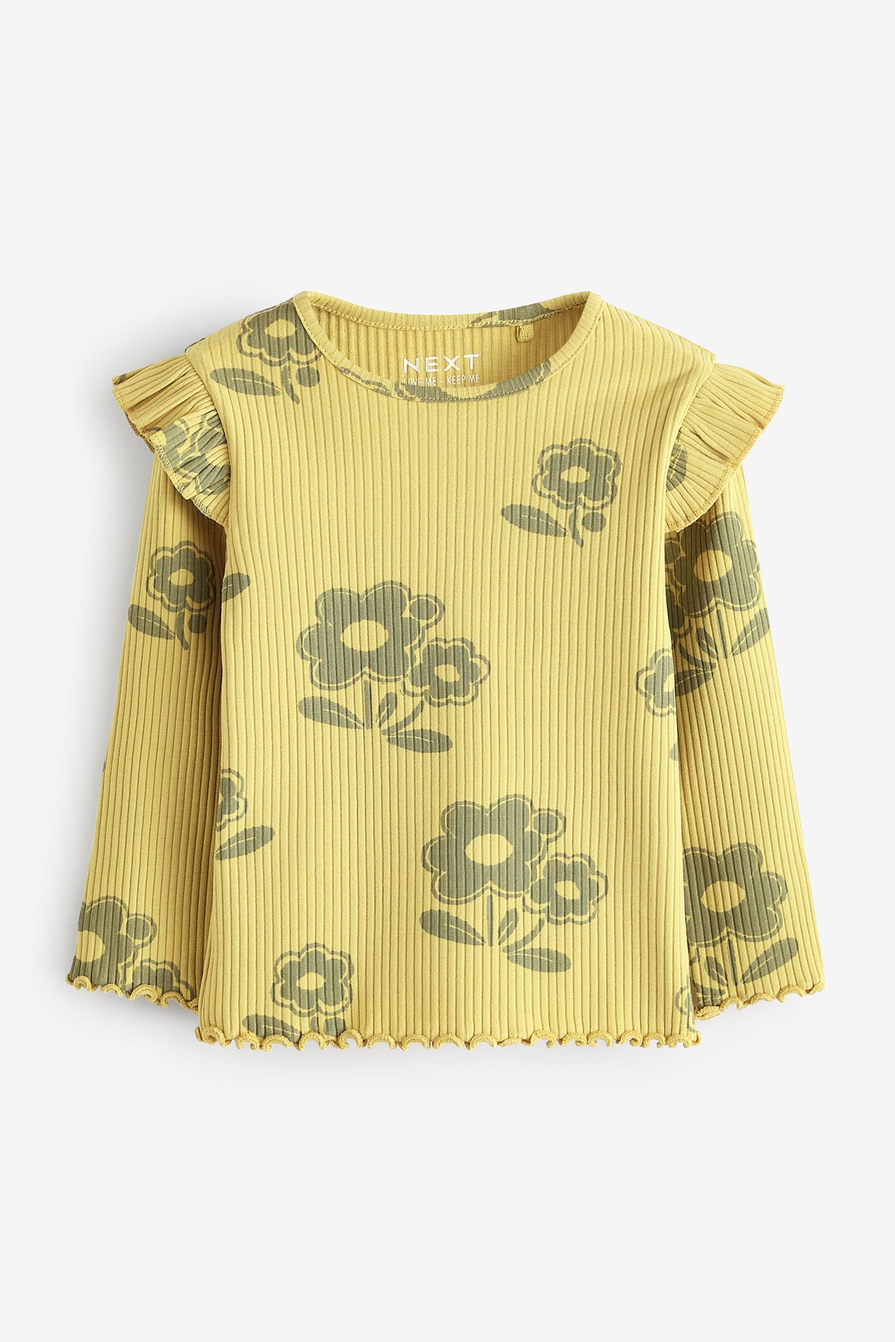 Green Flower Cotton Rich Long Sleeve Ribbed Frill T-Shirt (3mths-7yrs)