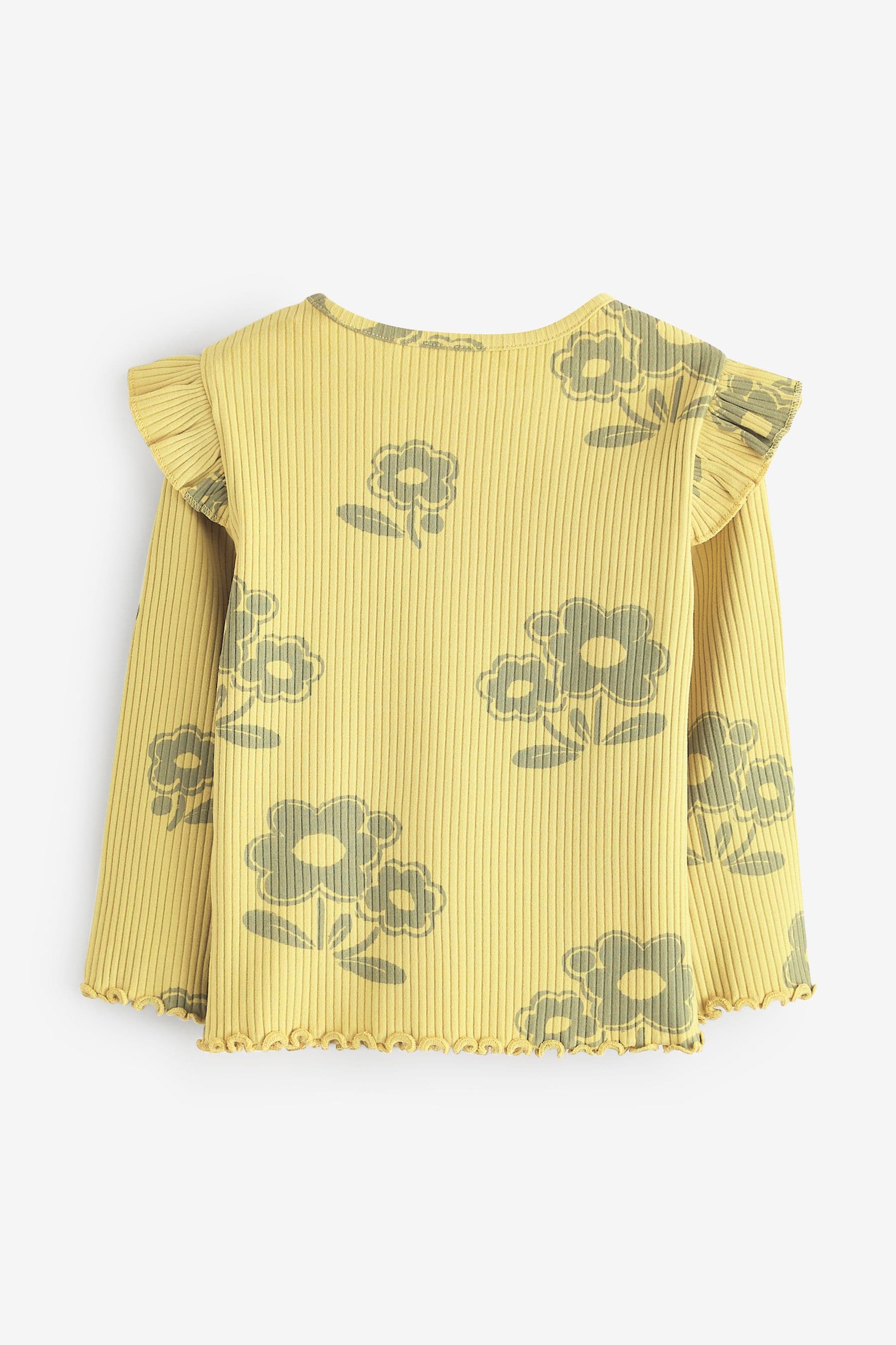 Green Flower Cotton Rich Long Sleeve Ribbed Frill T-Shirt (3mths-7yrs)